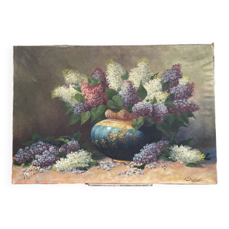 Large oil on canvas bouquet of lilacs signed by a. struciński poland, mid-20th century