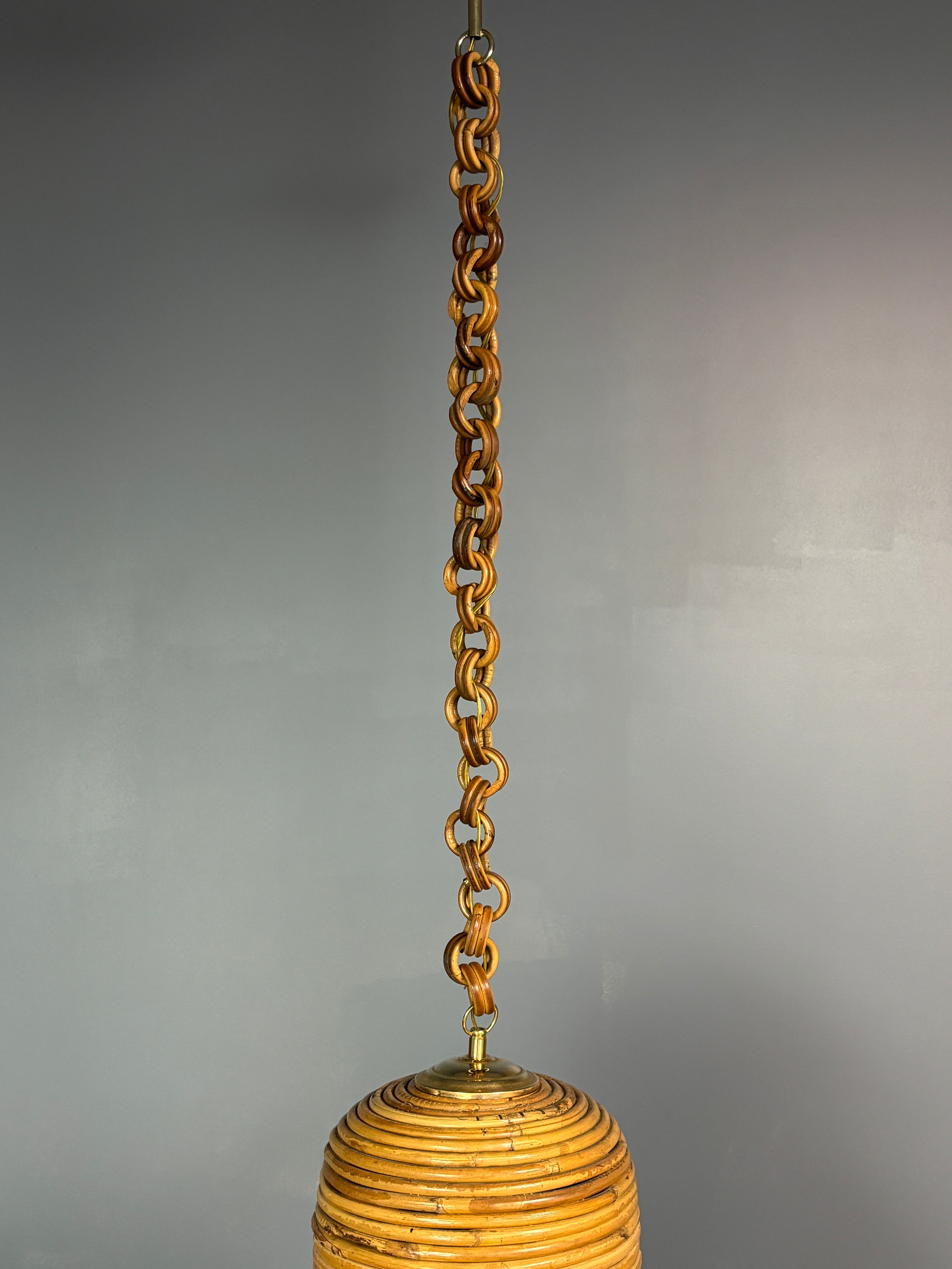 Midcentury Italian pencil reed rattan bamboo and brass hanging lamp pendant