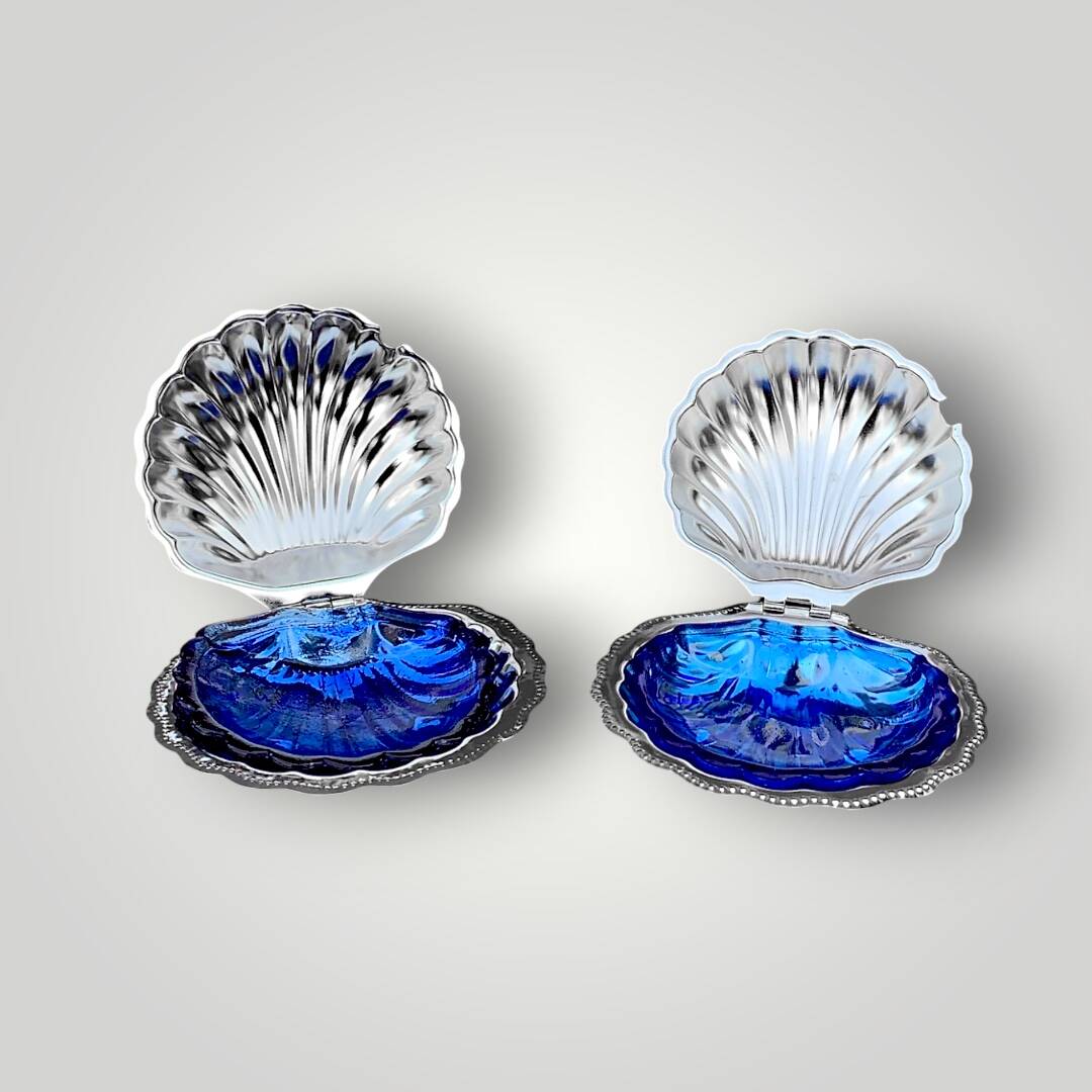 Set of 2 vintage shell butter dishes in stainless steel and cobalt blue glass