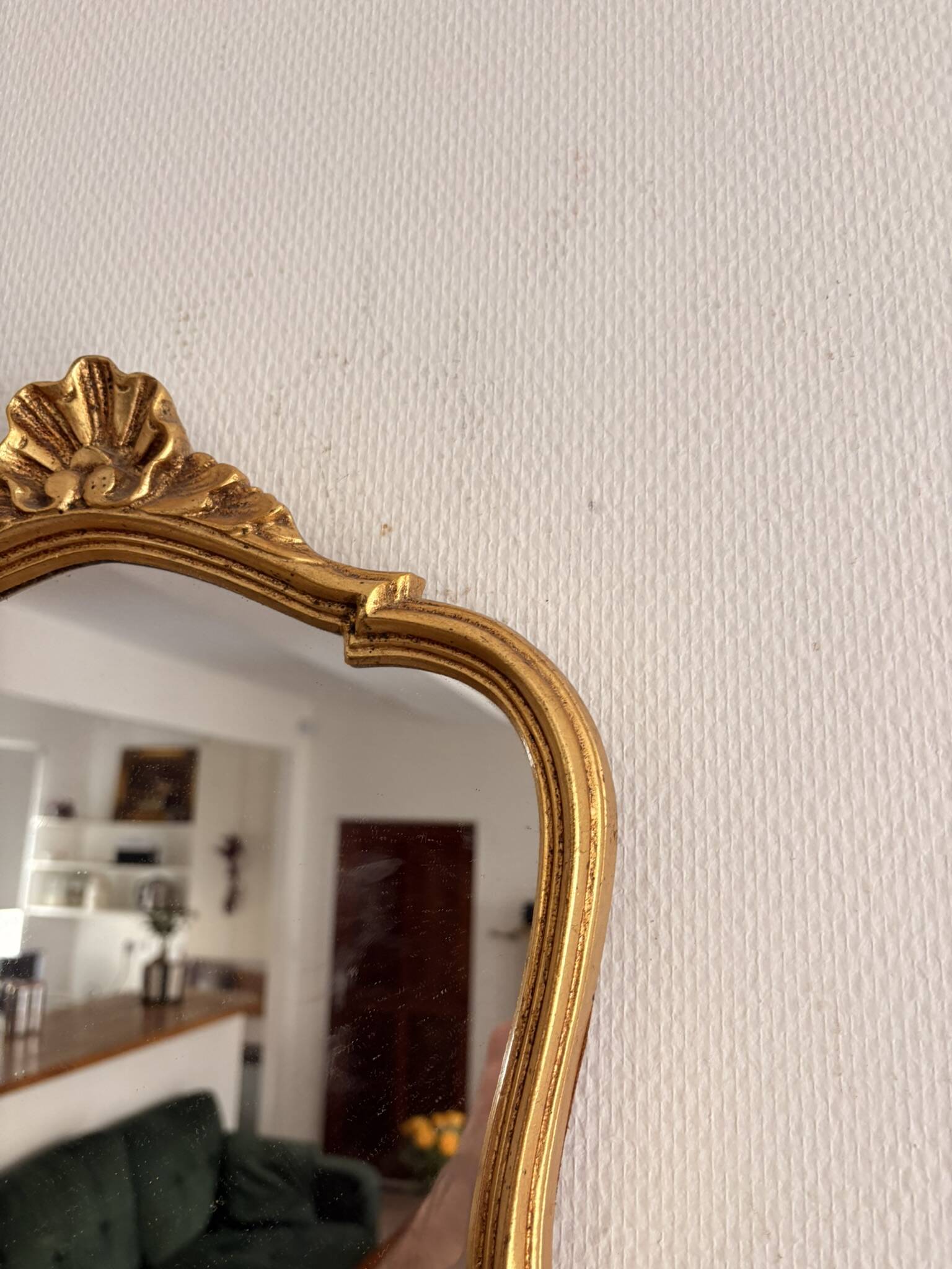 Antique gilded wall mirror, wood, Rocaille, Rococo, Louis XV, shell.