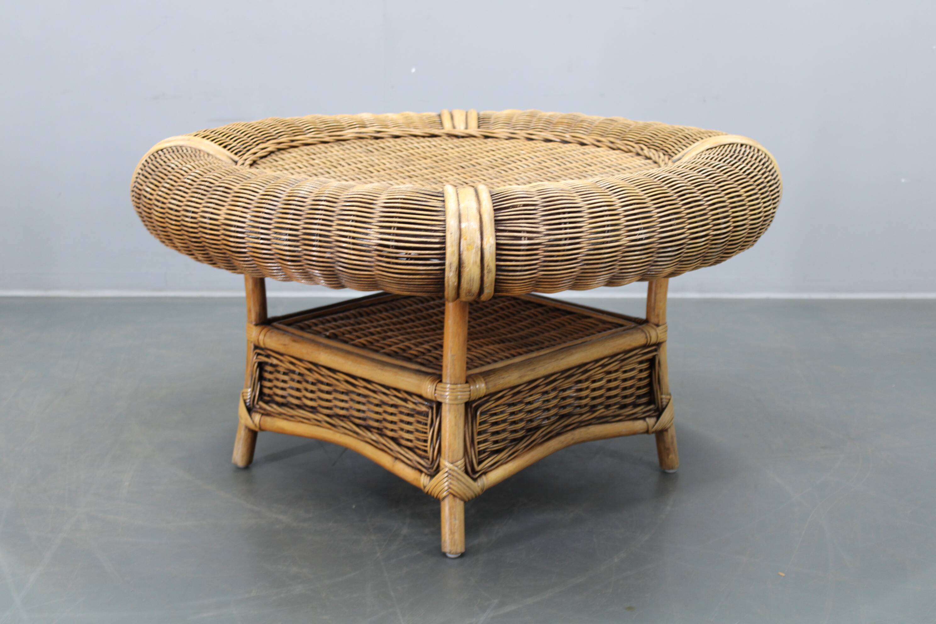 Vintage organic rattan armchair and round coffee table set, 1980s-1990s