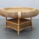 Vintage organic rattan armchair and round coffee table set, 1980s-1990s