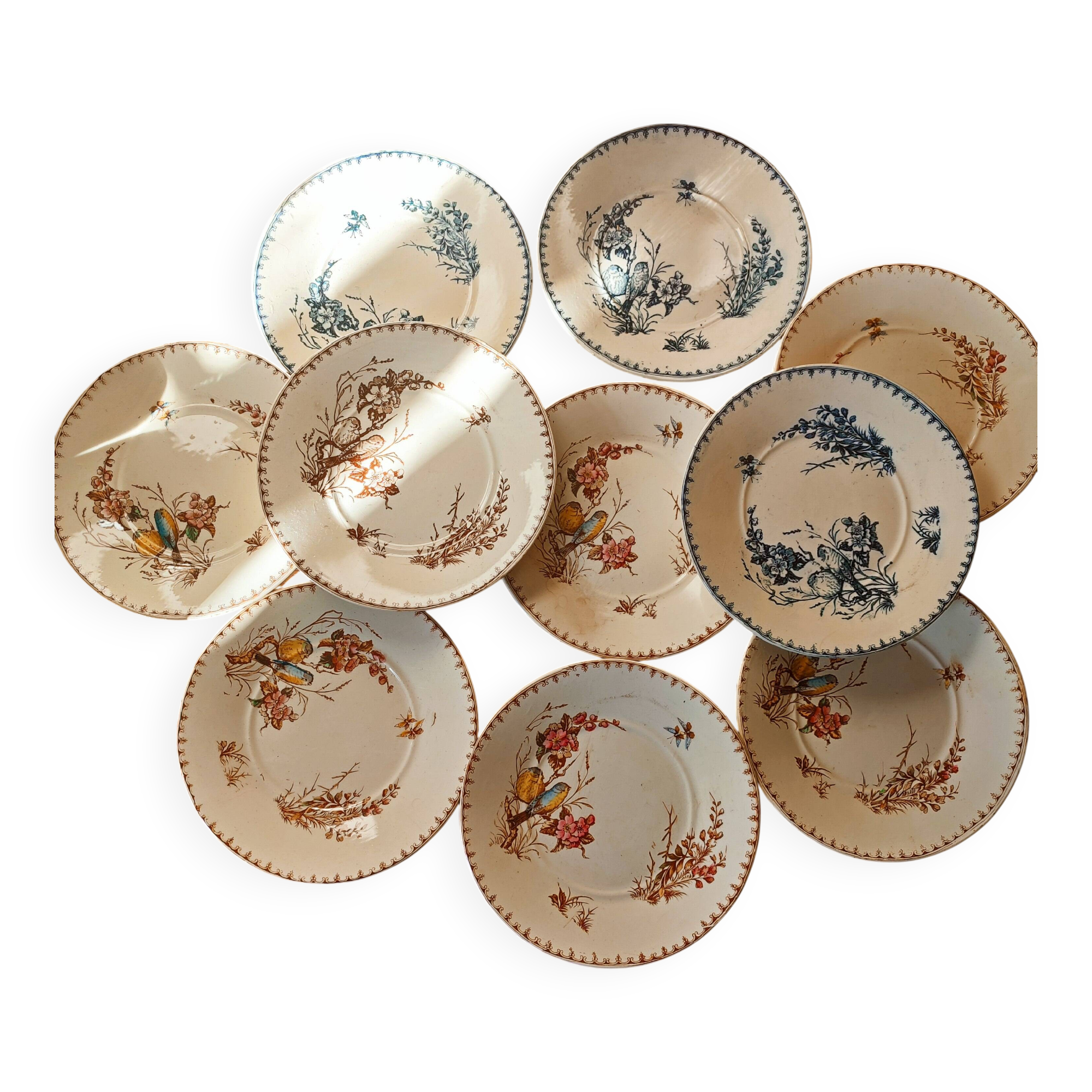 10 Lunéville earthenware plates, "Mésanges" pattern