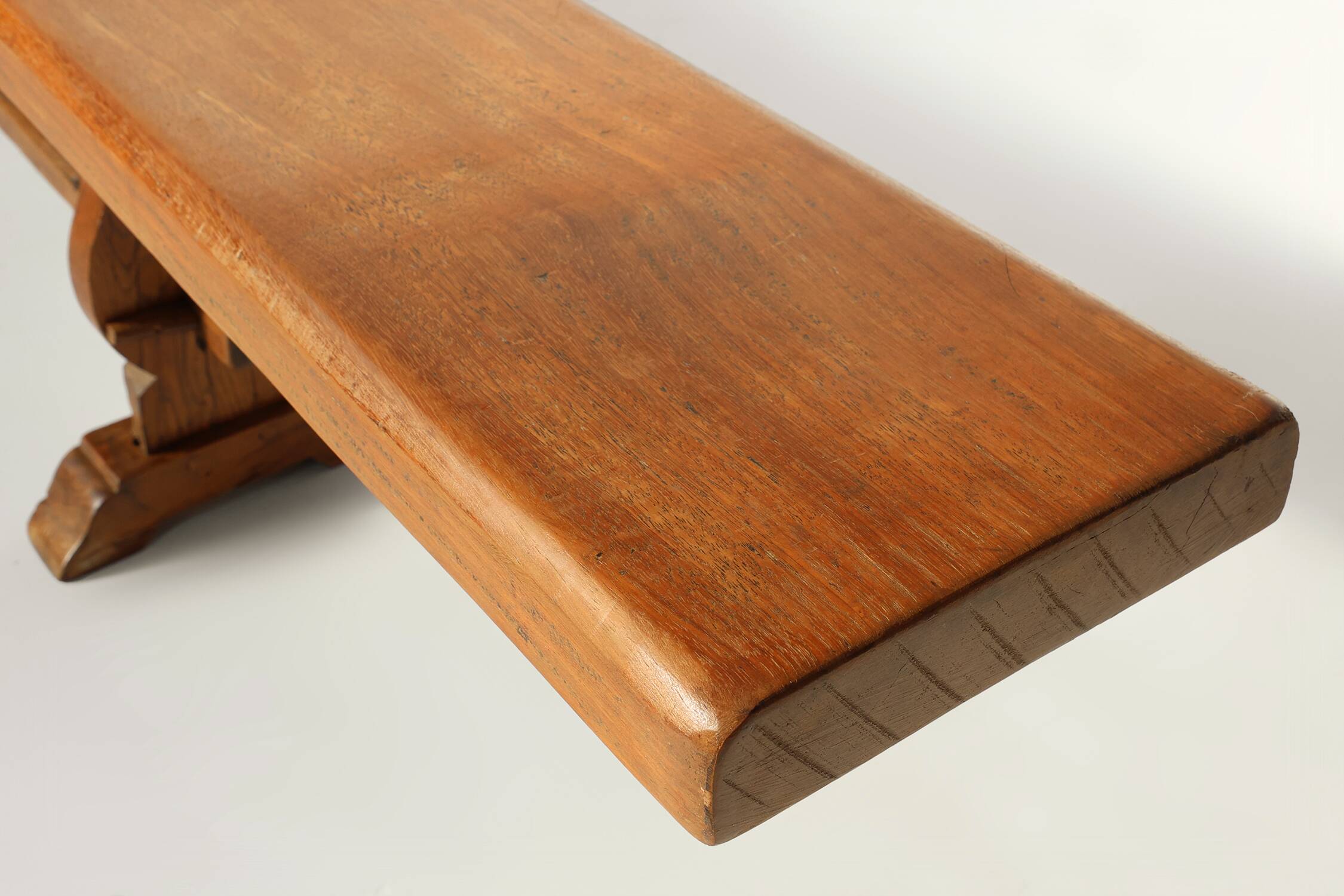 French Extra long solid elm wooden monastery bench, ca. 1850