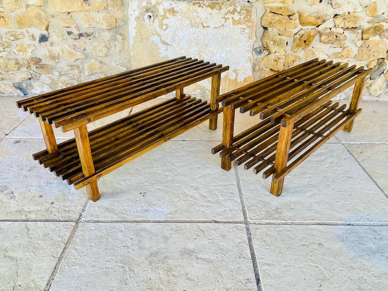 Pair of vintage side tables with 2 shelves
