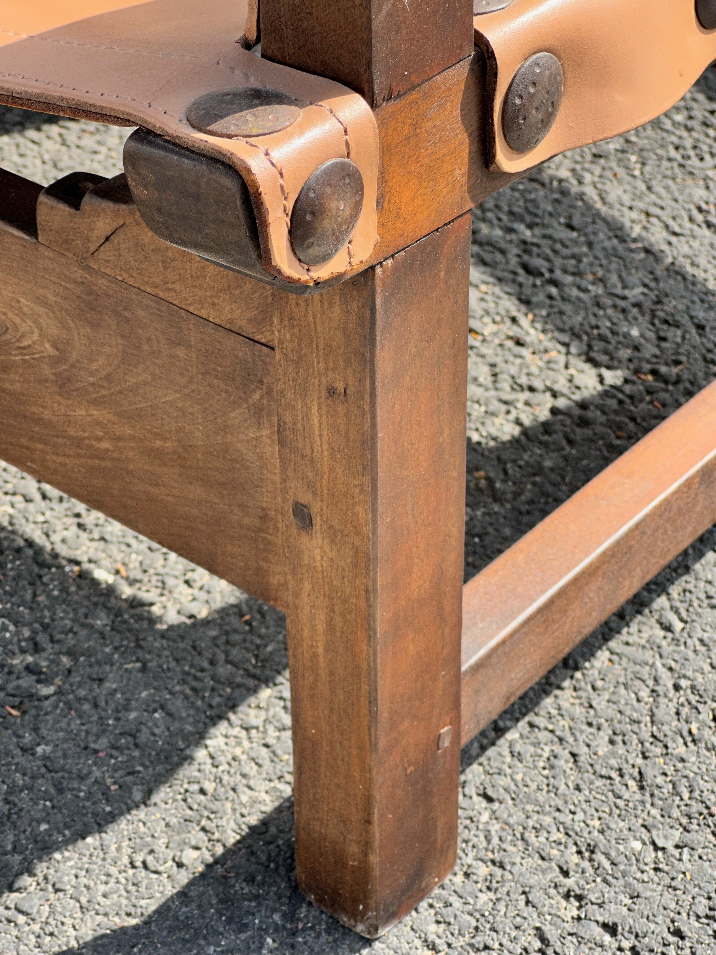 Brutalist armchair in wood and leather 60s