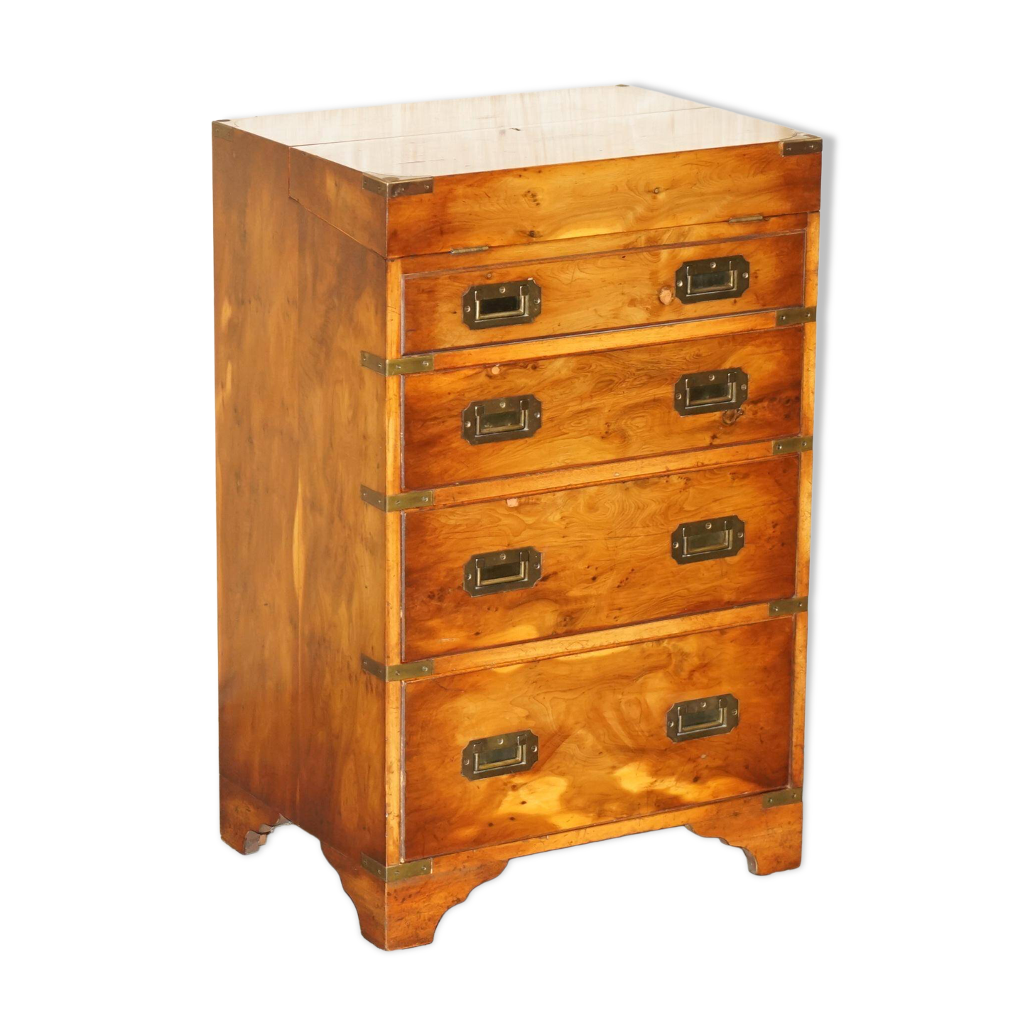 Military desk Harrods in Burr Yew wood with leather, country style.
