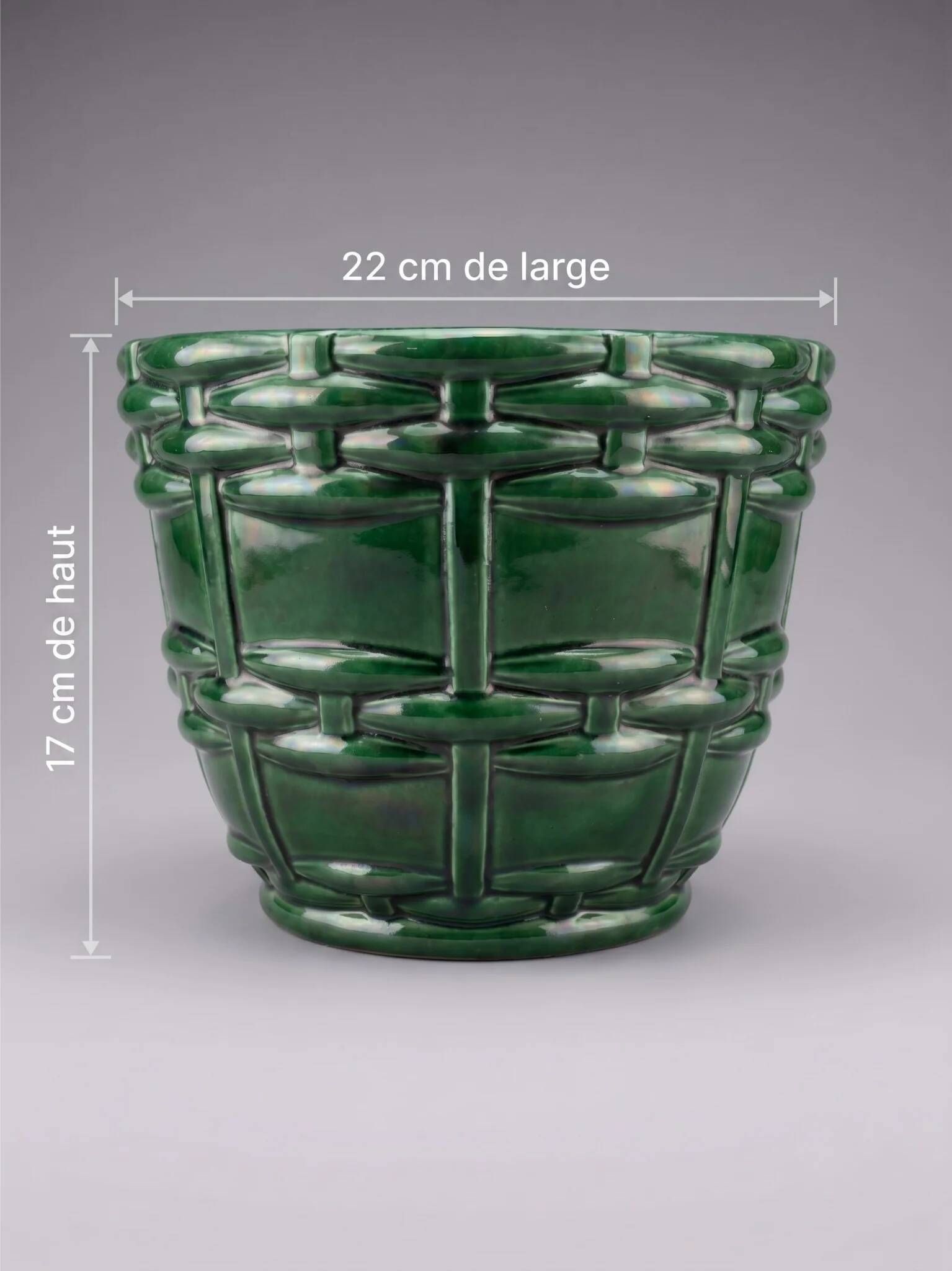 Cache-pot, Art Deco planter by Saint-Clément signed by Blanche Letalle in malachite green glazed ceramic.