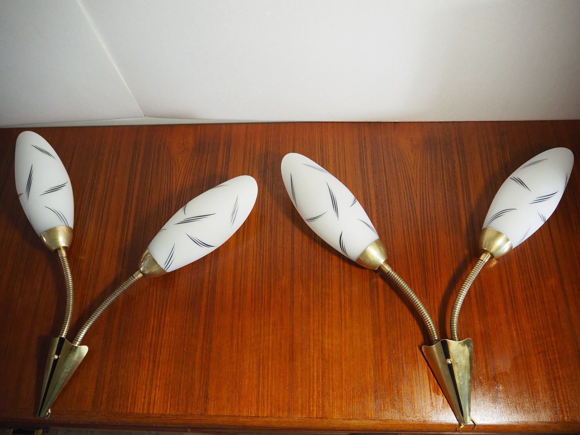 Pair of double opaline and brass wall lights from the 1960s-1970s.