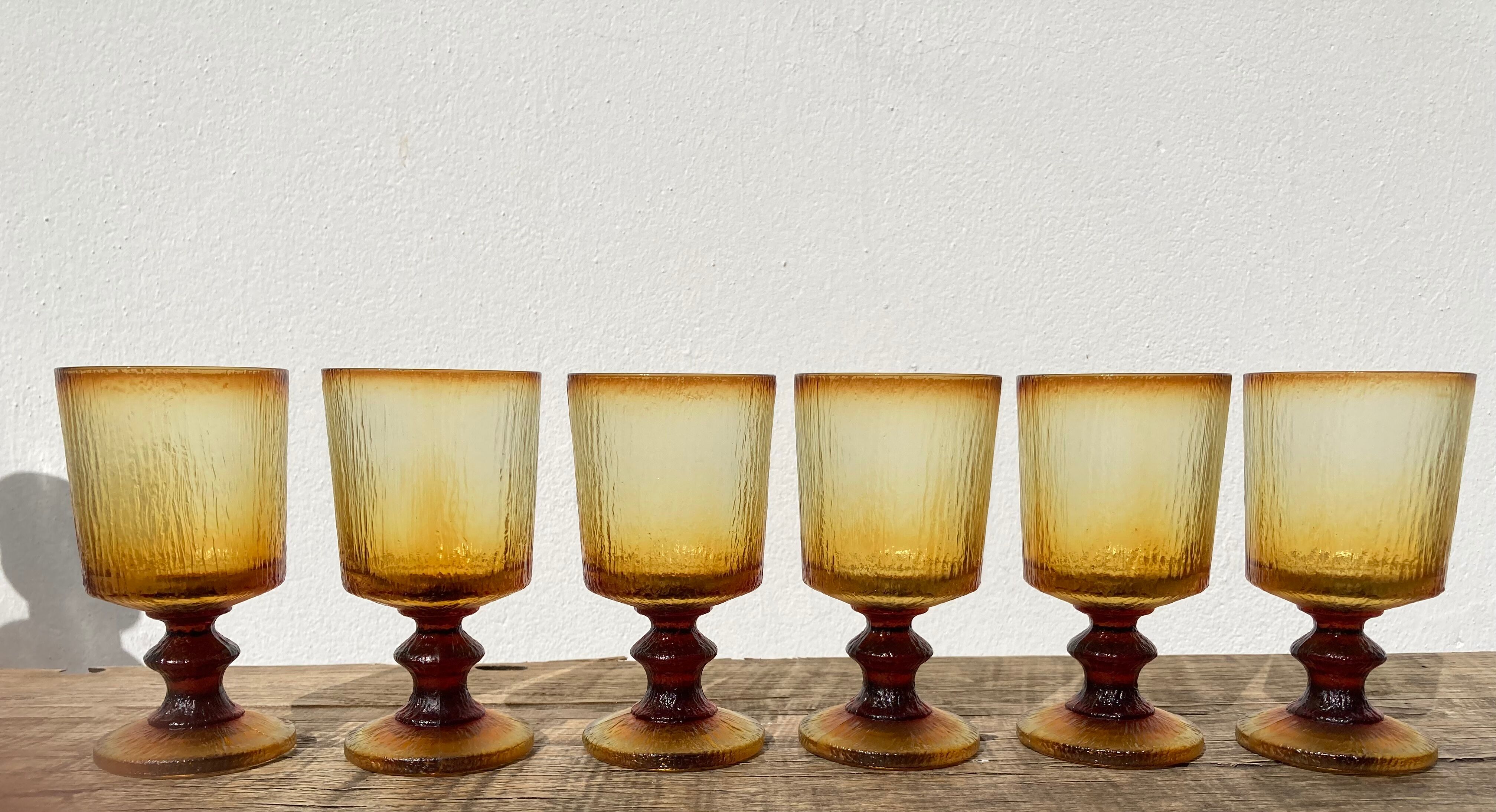 6 vintage amber stemmed glasses