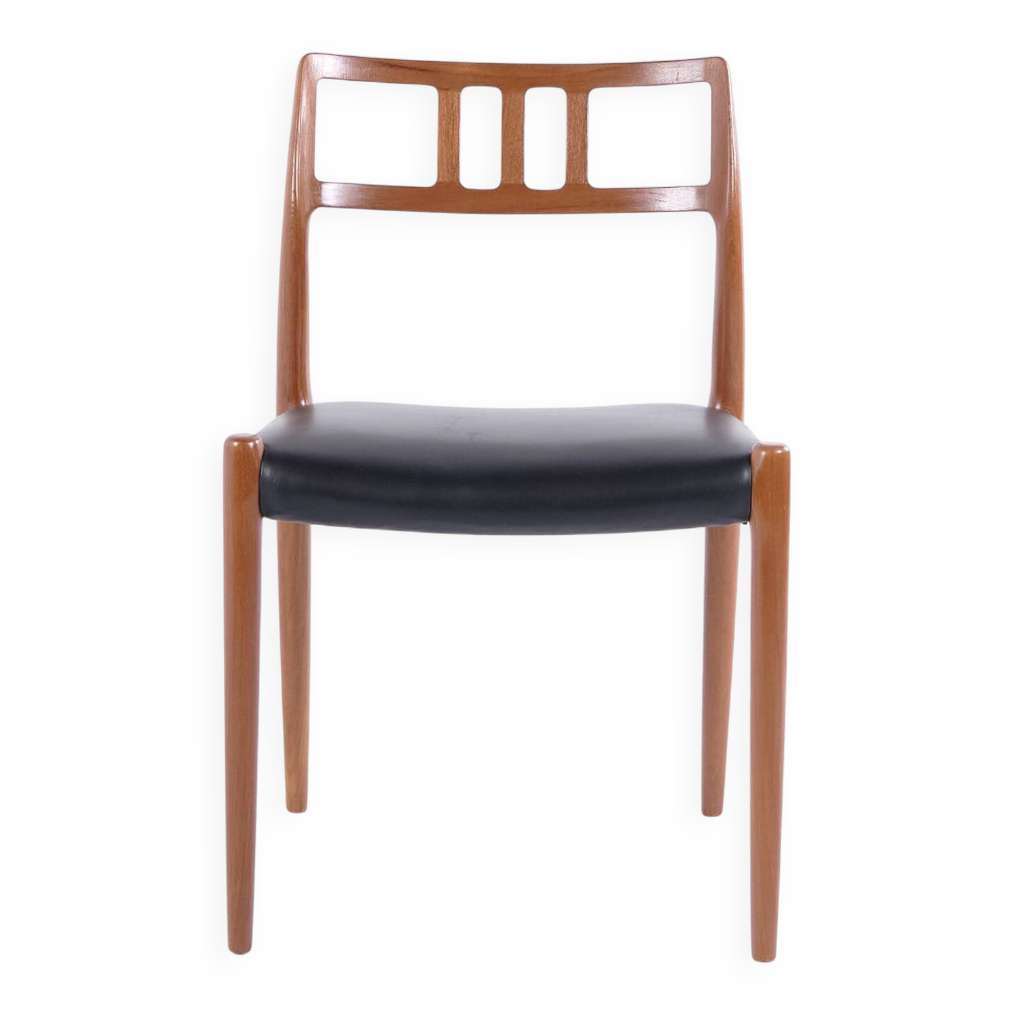 Dining chair – Niels Otto Møller – Model 79 – Teak & black leather – JL Møllers Møbelfabrik – 1960s
