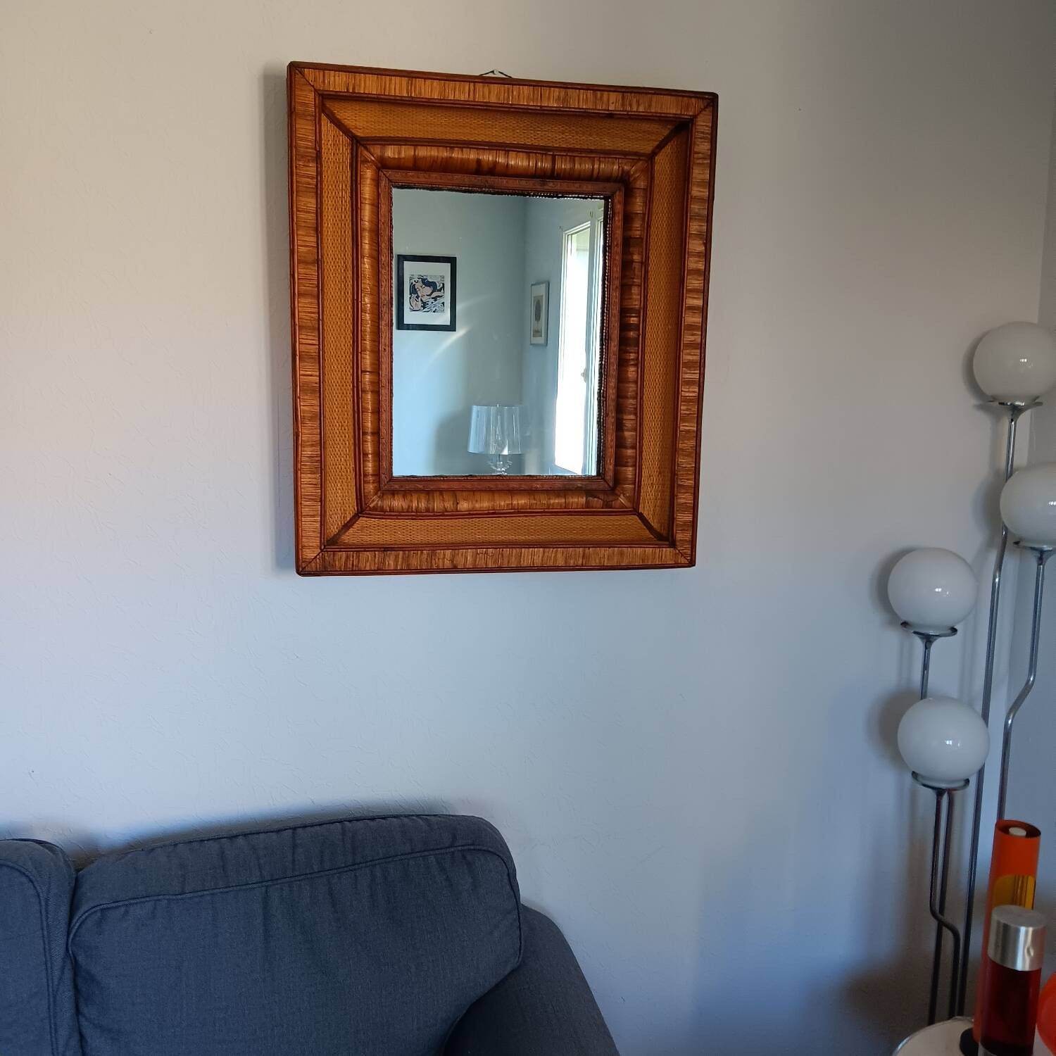 Wall mirror in rattan, wicker and wood
