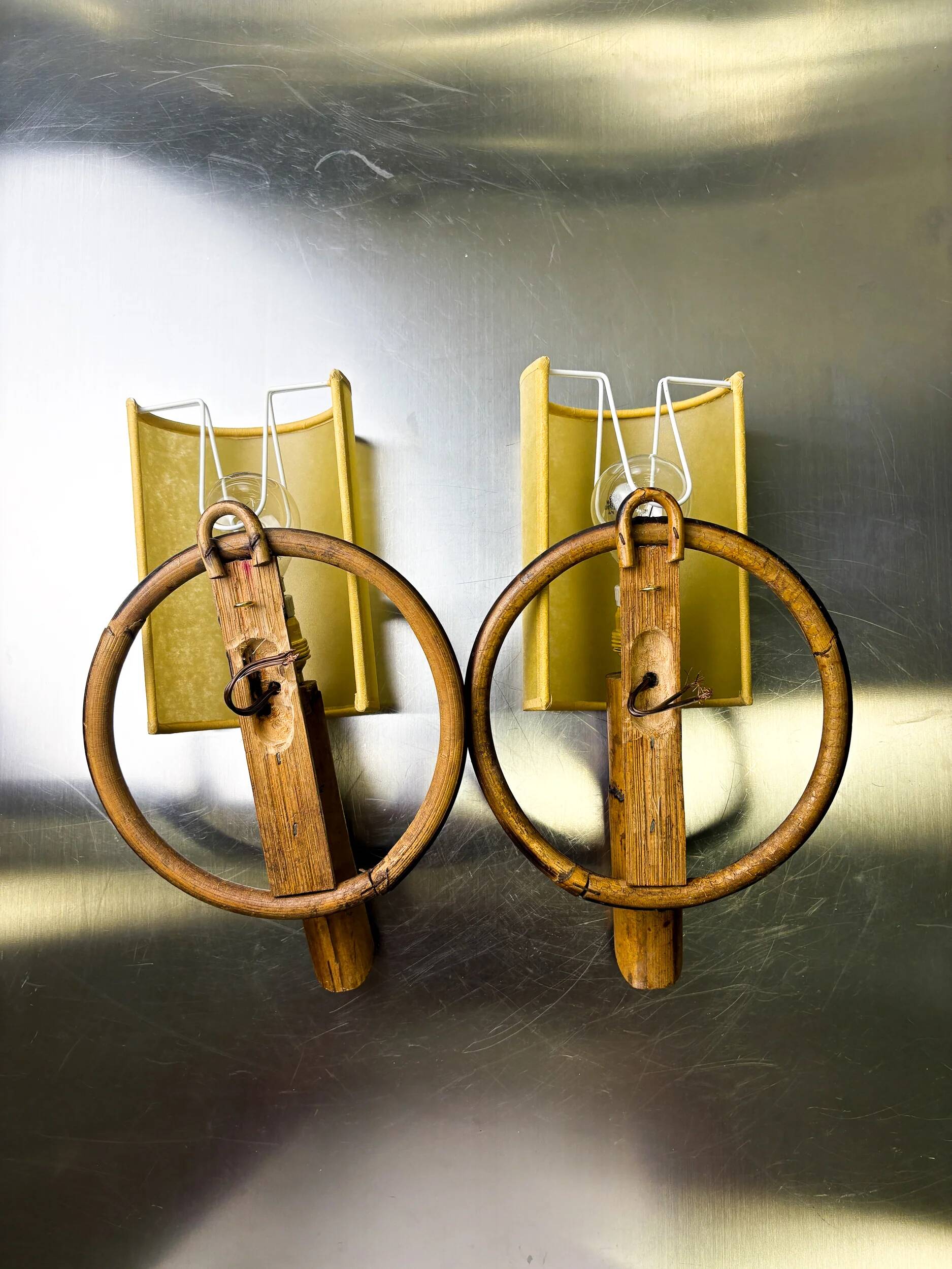Pair of mid-century rattan wall sconces, Italy, 1960s