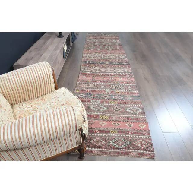 1970s Turkish Oushak Handmade Wool Cotton Brown Kilim Runner Rug 98x418