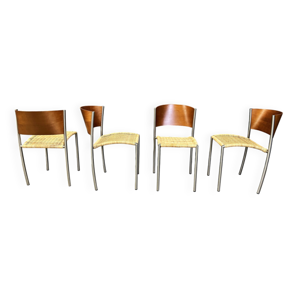 Chaises de salle à manger vintage en osier et chrome, années 1980