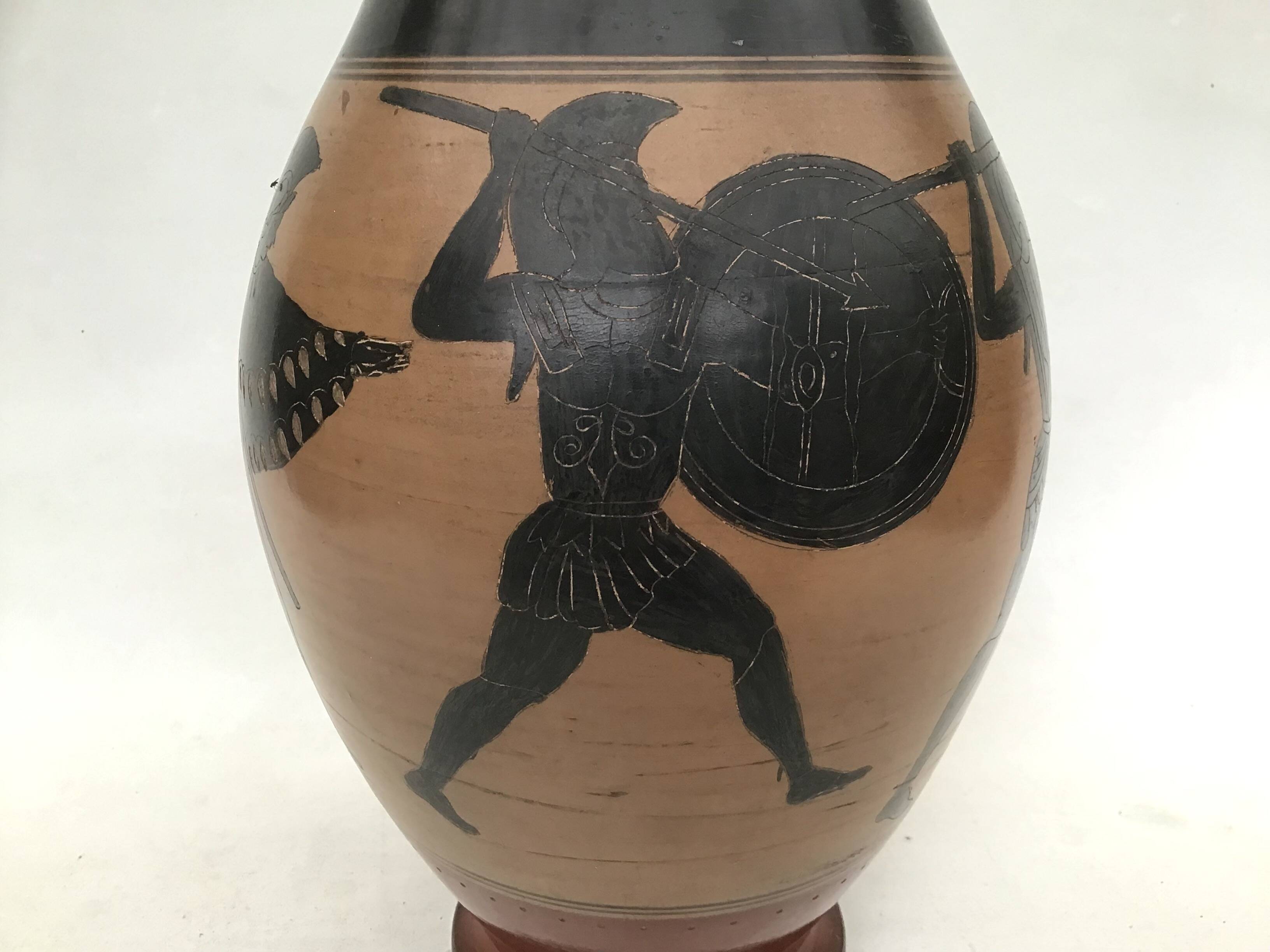 Reproduction of a Greek Attic-style black-figure vase depicting warriors
