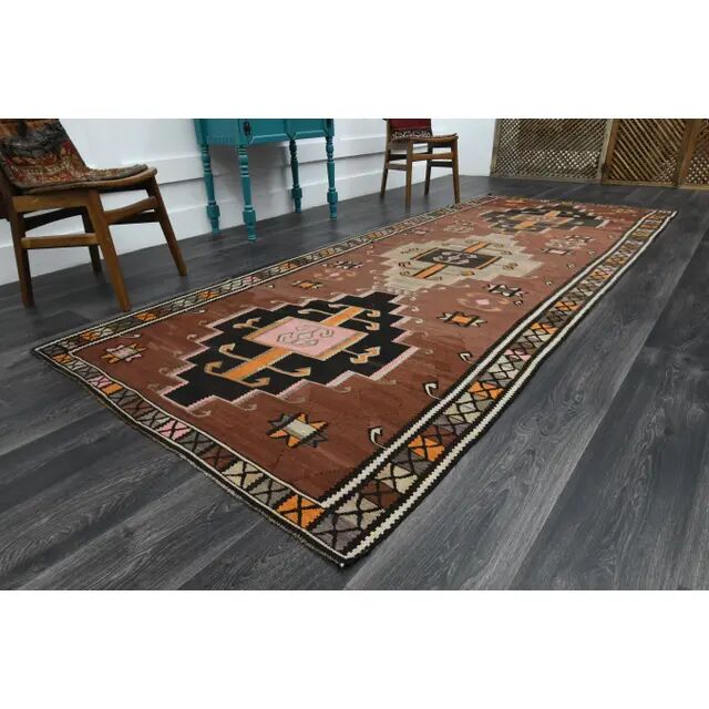 Vintage Turkish Oushak handmade wool cotton brown runner rug 137X338