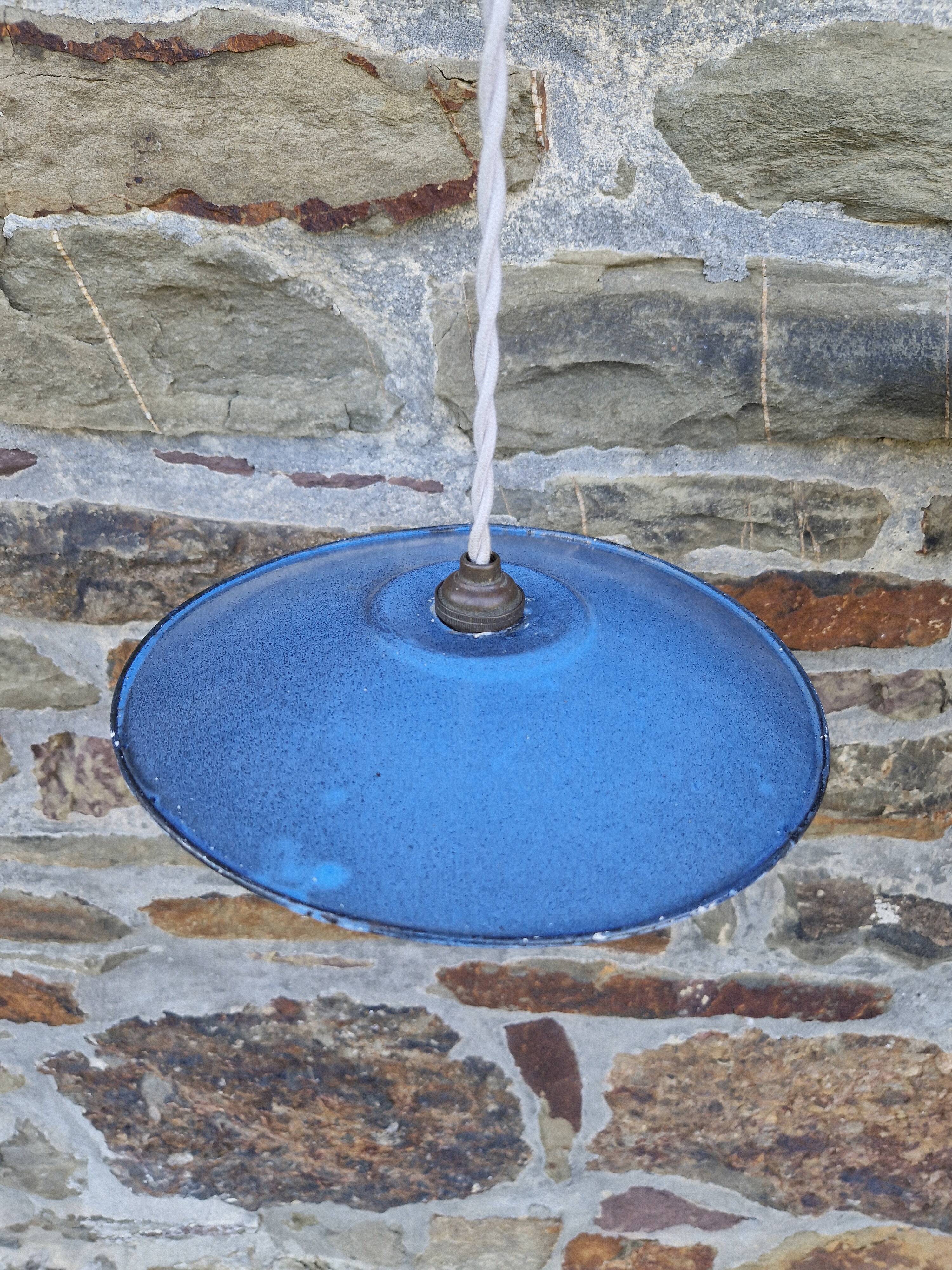 Set of 3 industrial pendant lights in blue enamelled sheet metal