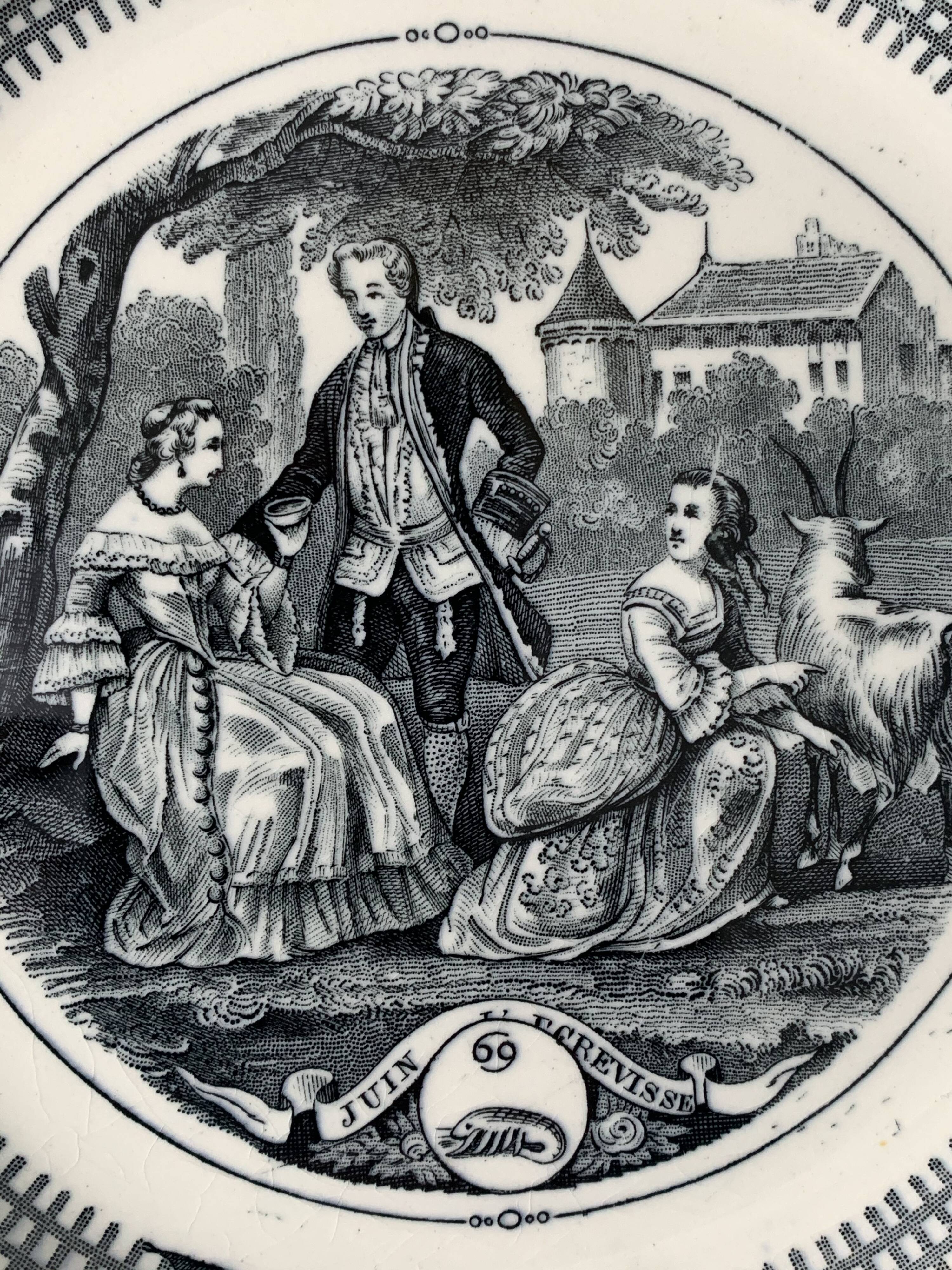 6 black dessert plates Old and Johnston Bordeaux 19th century astrology