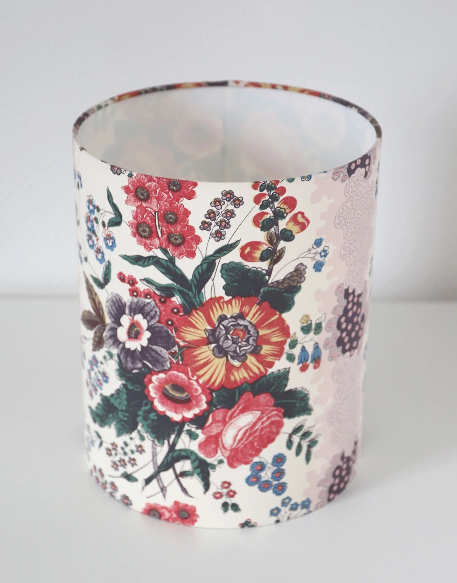 Recycled vintage lamp — handmade plum ceramic and antique floral lampshade