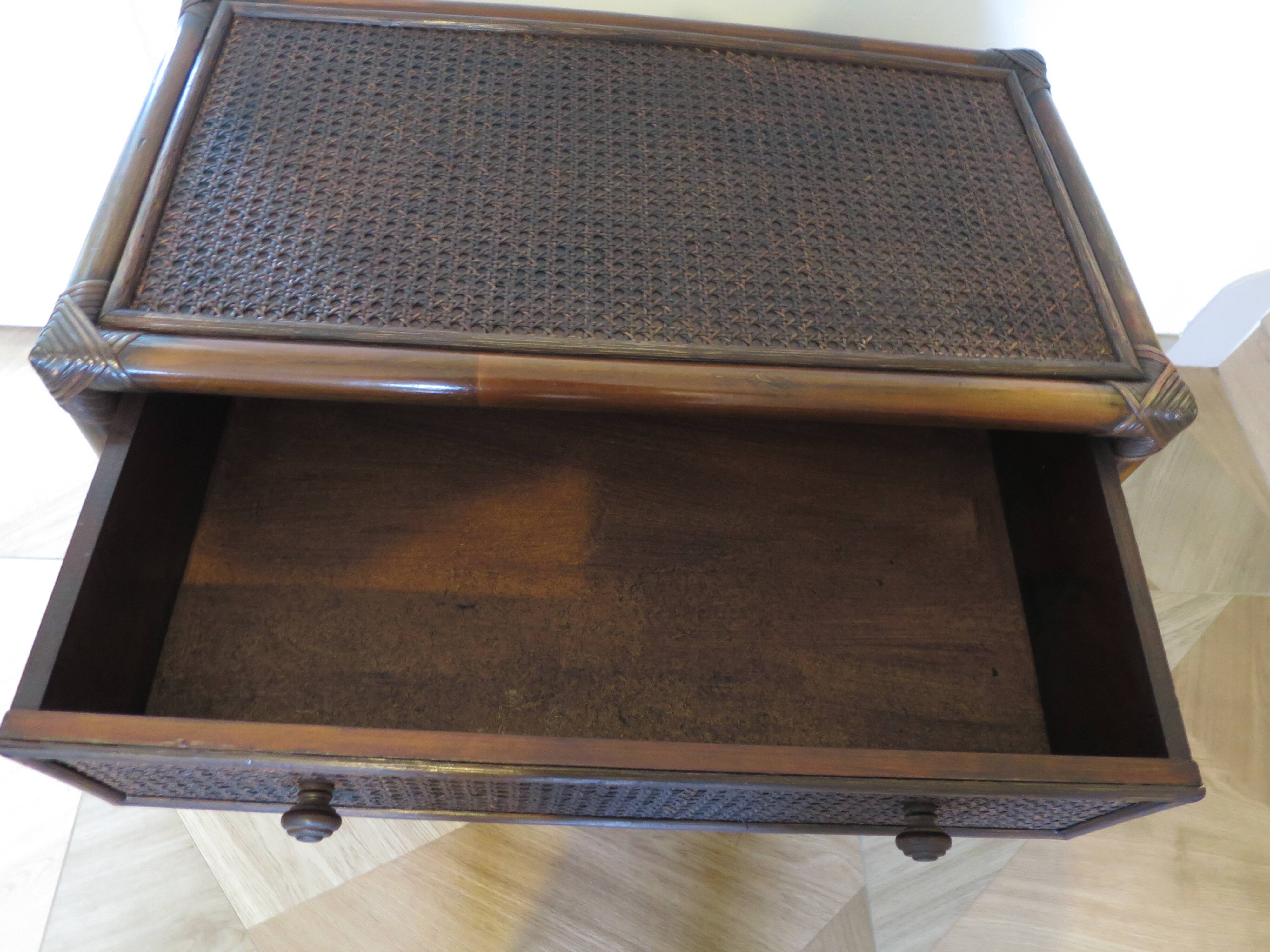 Vintage 3-drawer chest of drawers - wood, bamboo and woven rattan - 1980s