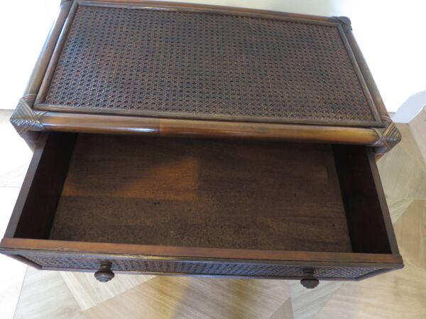 Vintage-commode 3 tioirs -bois bambou et rotin tressé - années 80