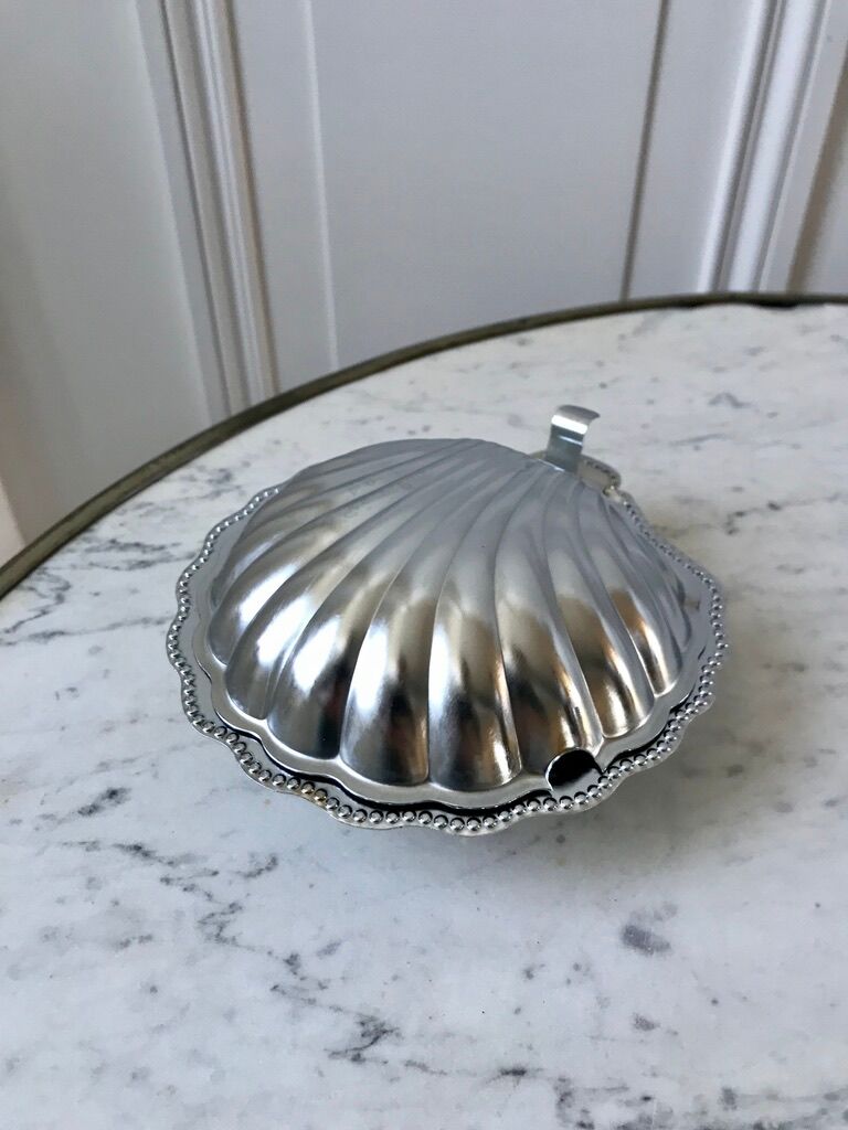 Empty butter tray pocket shell metal and blue glass 60s-70s