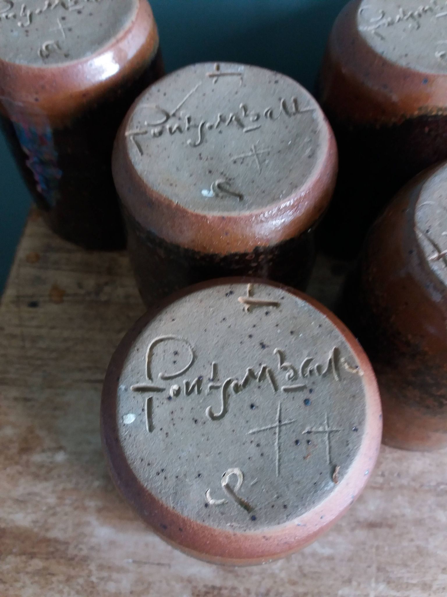 Handcrafted stoneware glass cups, signed, Fontgombault Abbey