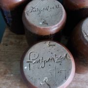 Handcrafted stoneware glass cups, signed, Fontgombault Abbey