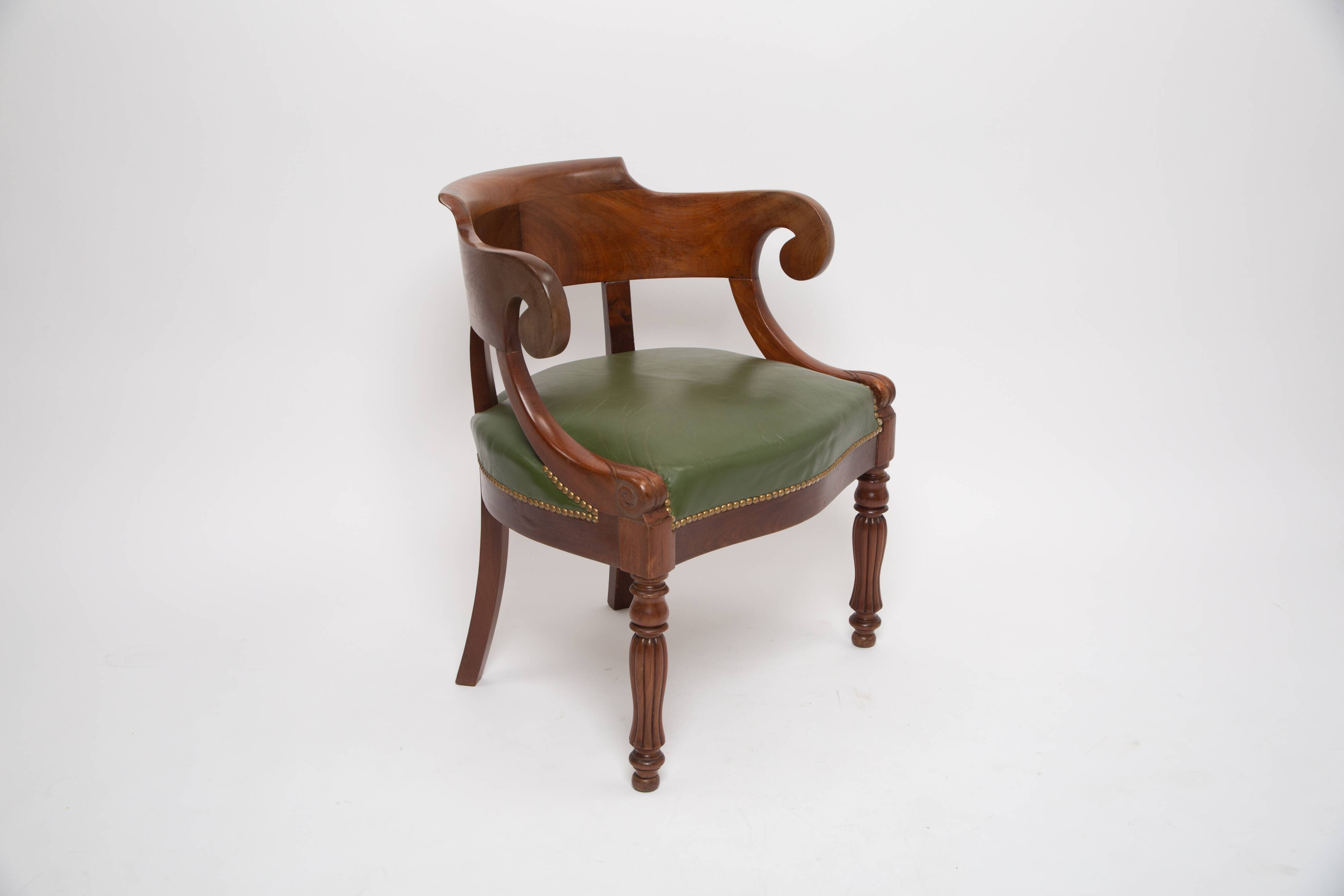 Louis Philippe gondola office chair green leather and wood