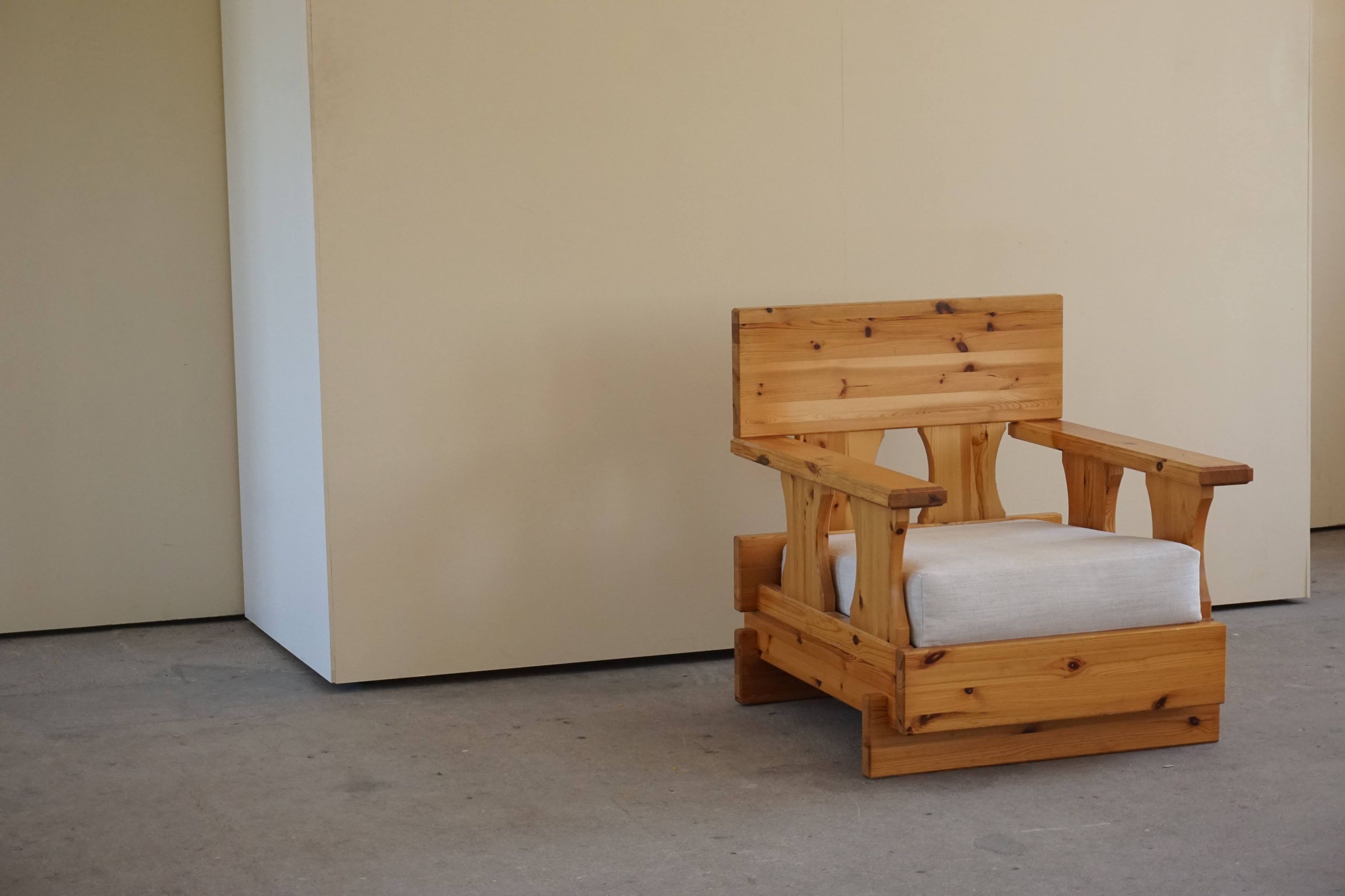 Mid century brutalist solid pine lounge chair with new upholstery, sweden, 1970s