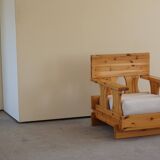 Mid century brutalist solid pine lounge chair with new upholstery, sweden, 1970s
