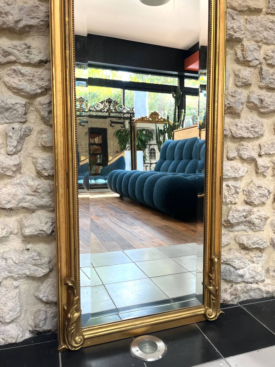 Antique mirror, 238.5/51cm, between two panes, with gilded pediments and gold leaf