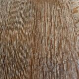 Art Deco round oak side table in light weathered oak with lower shelf, geometric three-leg design