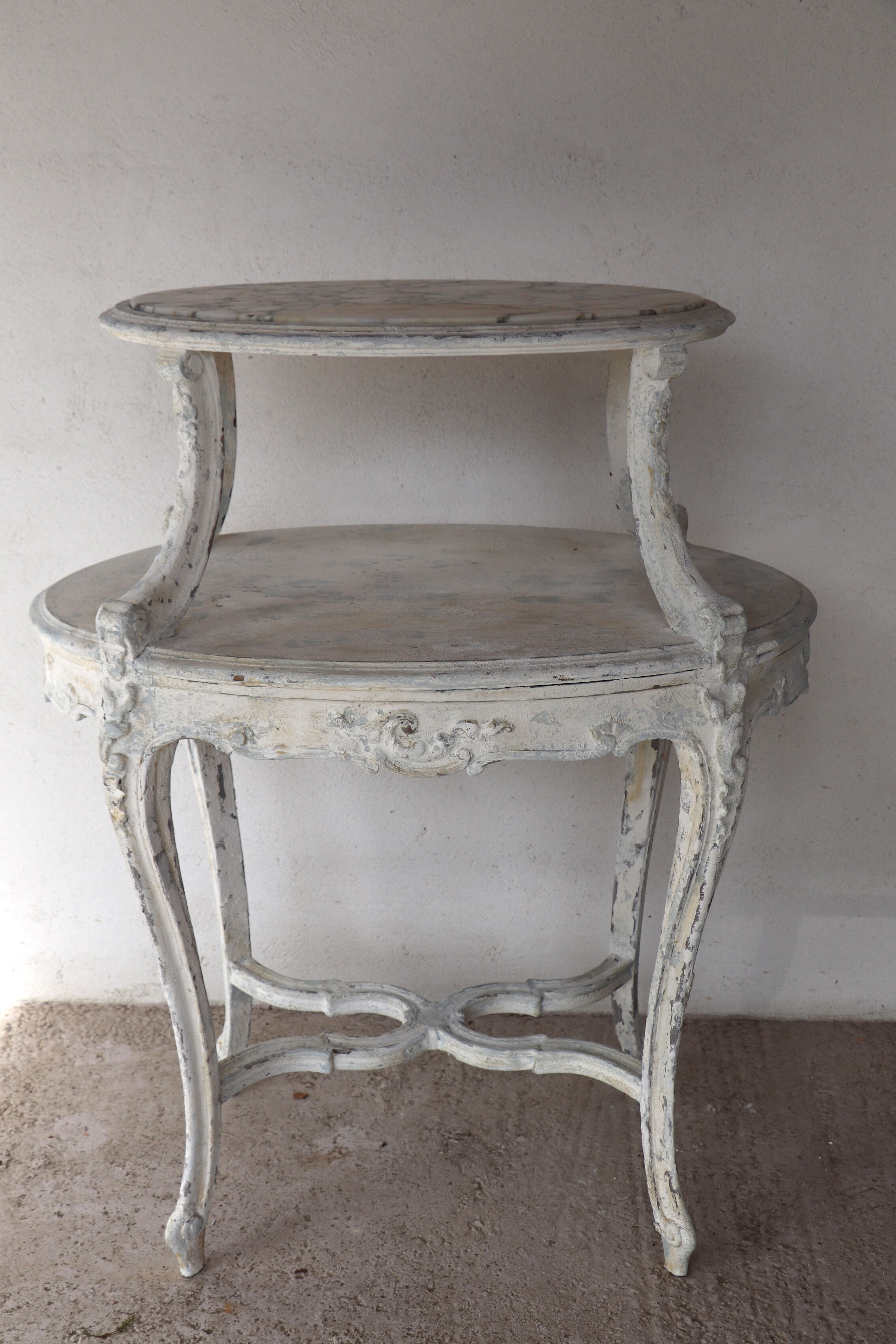 Tea table, marble and wood style Louis XV patina