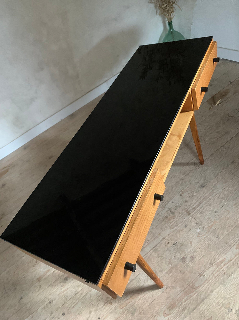 Vintage desk with compass legs in oak