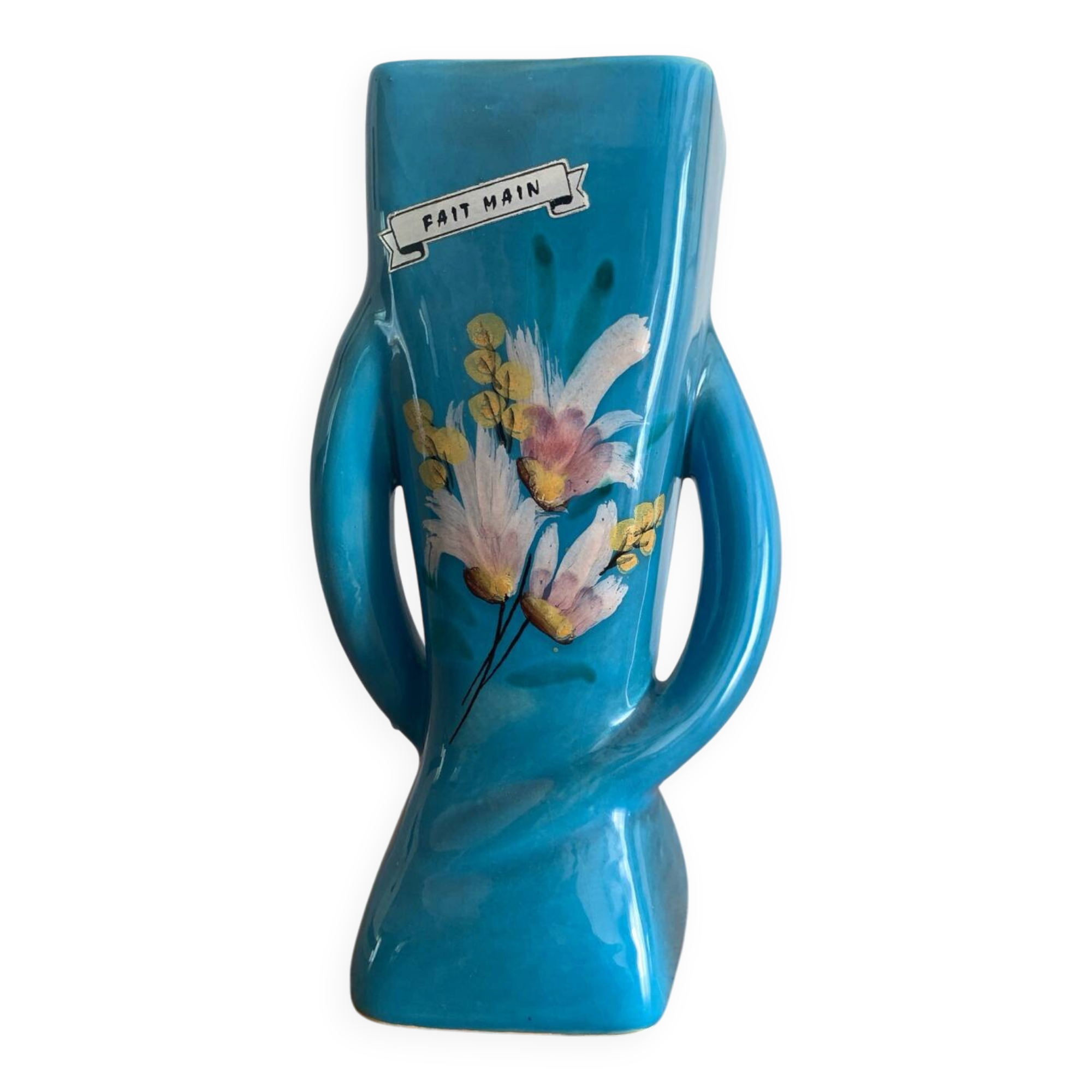 Sculptural vase in azure blue ceramic, hand-painted floral decoration –