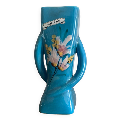 Vase sculptural en céramique bleu azur, décor floral peint à la main –