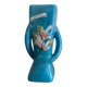 Sculptural vase in azure blue ceramic, hand-painted floral decoration –