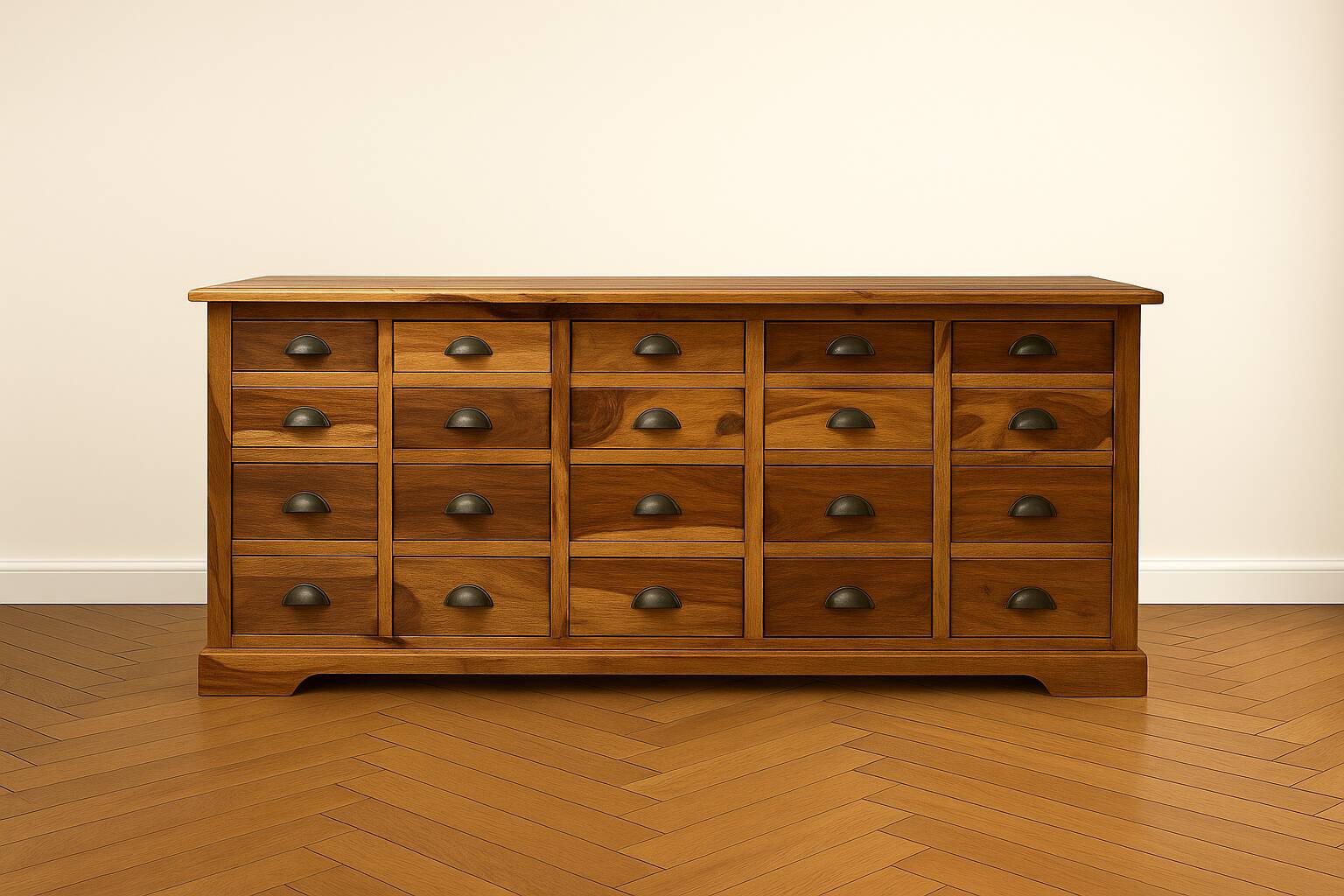 Transformed workshop furniture with 20 drawers.