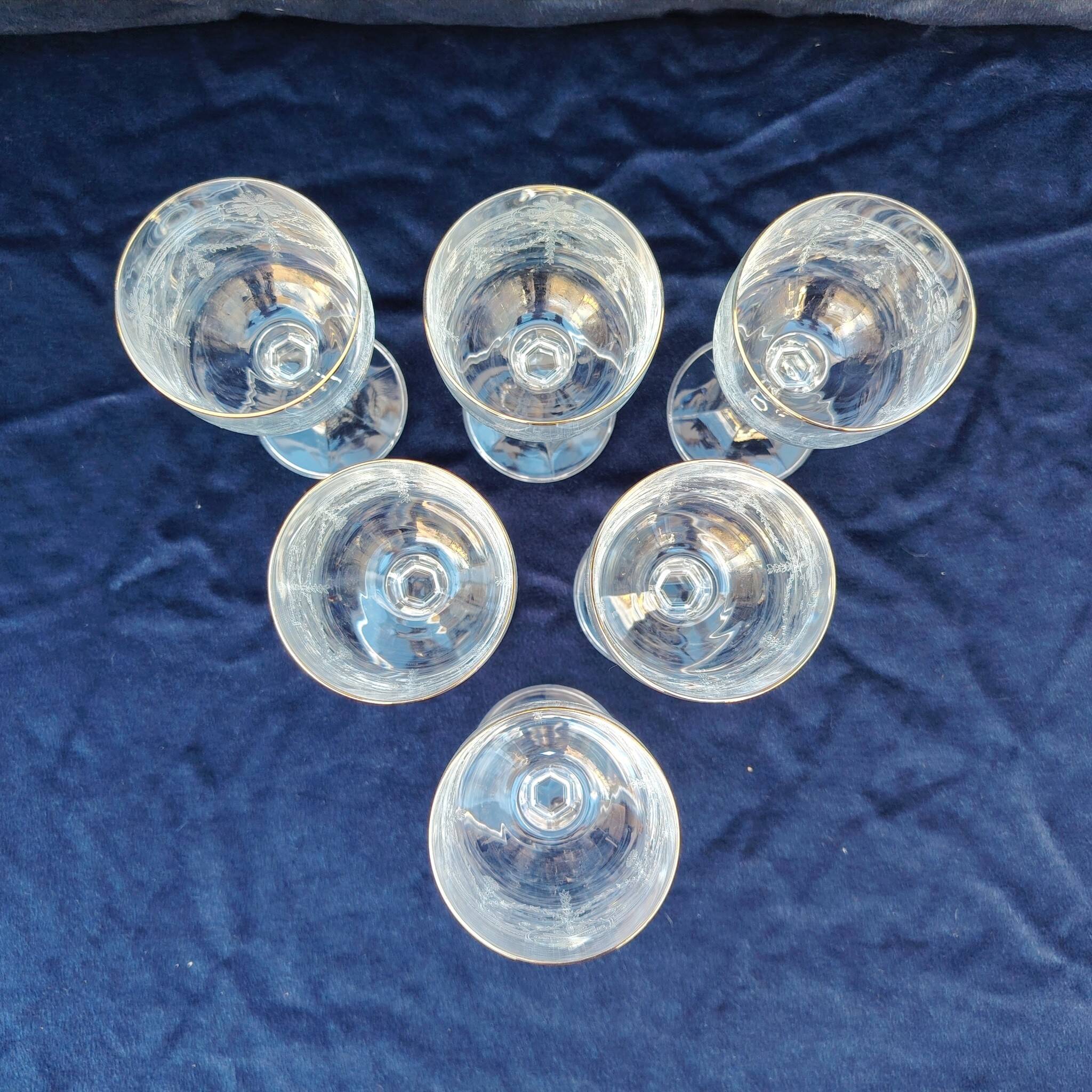 Six vintage wine glasses, cut crystal, gold rim
