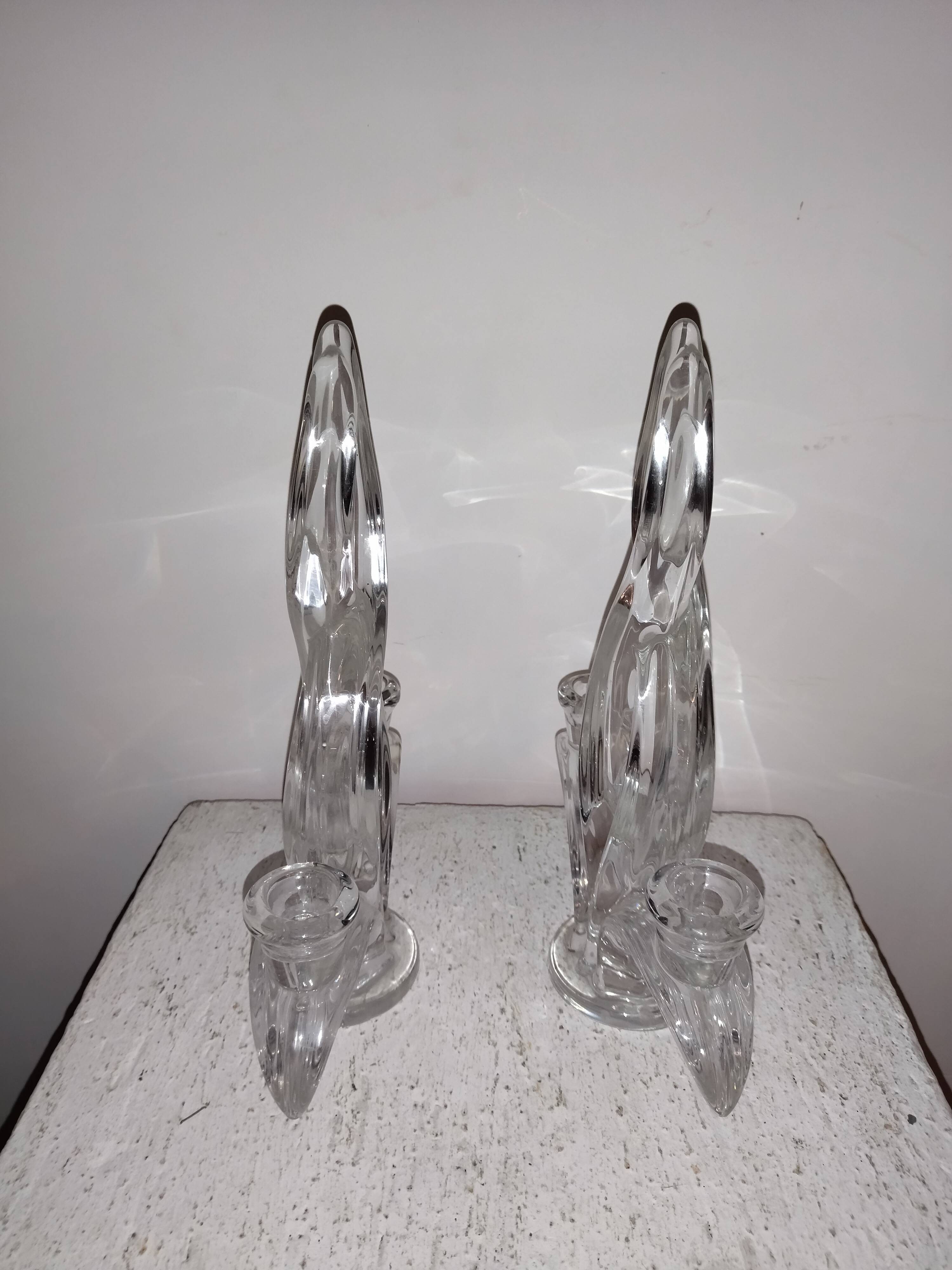 Pair of glass candle holders signed Vannes France