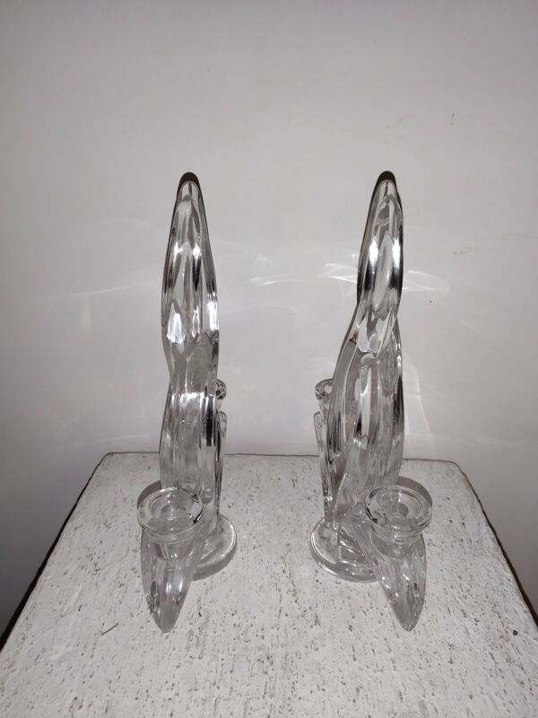 Paire de bougeoirs en verre signés Vannes France