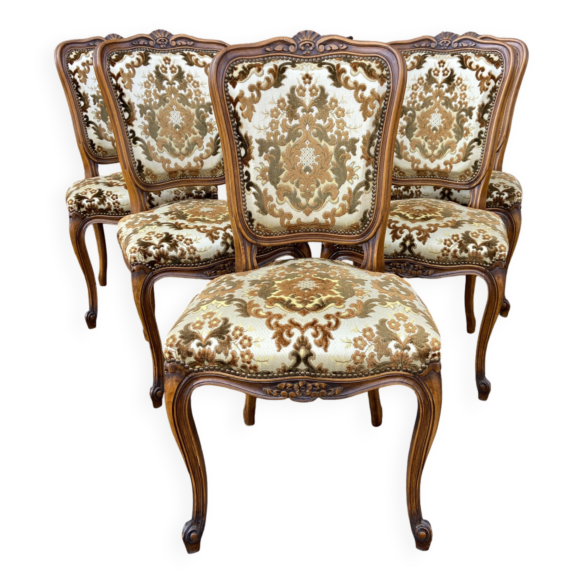 Set of 6 vintage Louis XV style French chairs, velvet upholstered, 1950s