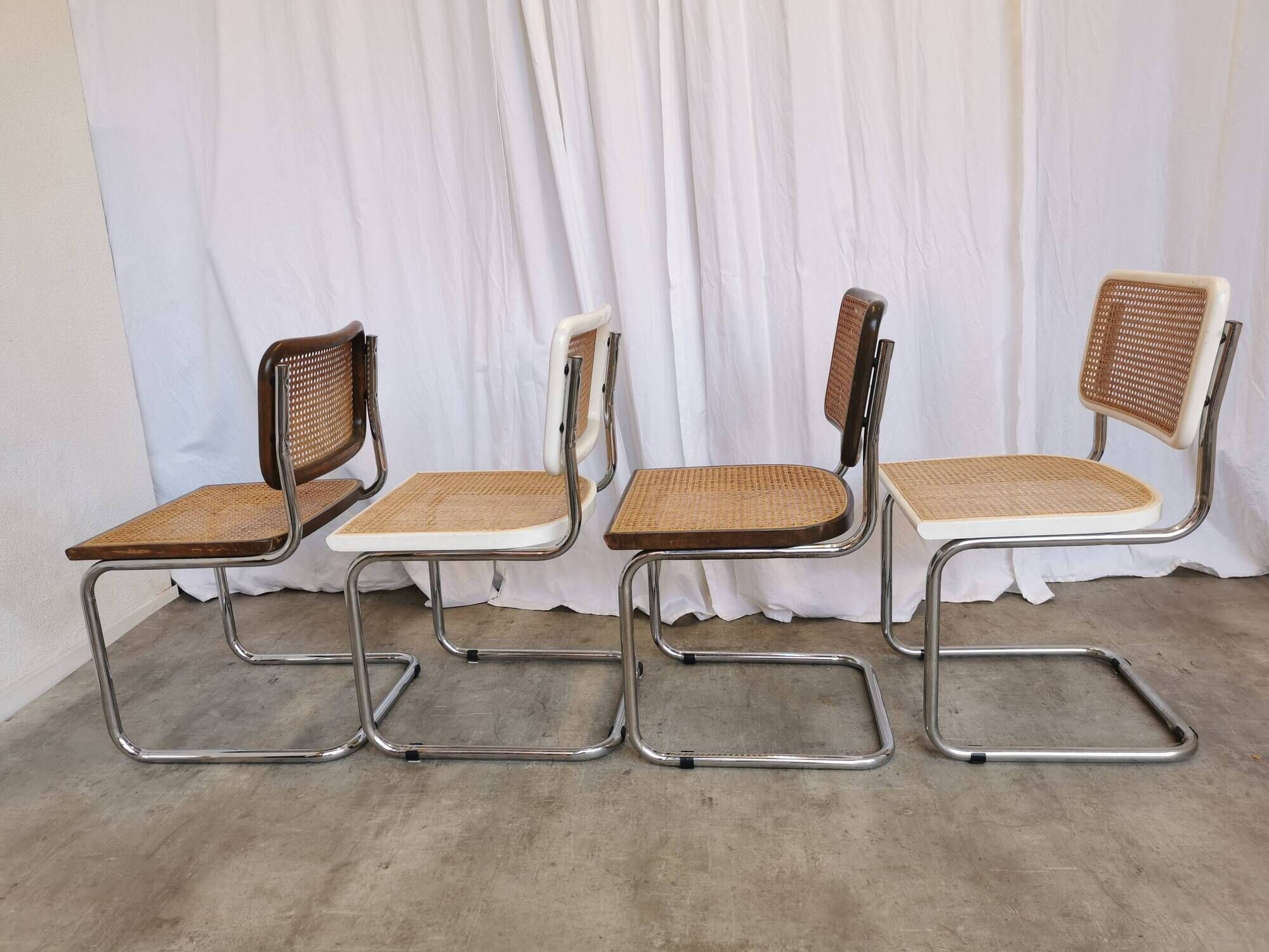 Set of 4 vintage cesca dining chairs / 2 brown 2 white / cane seat mid-century