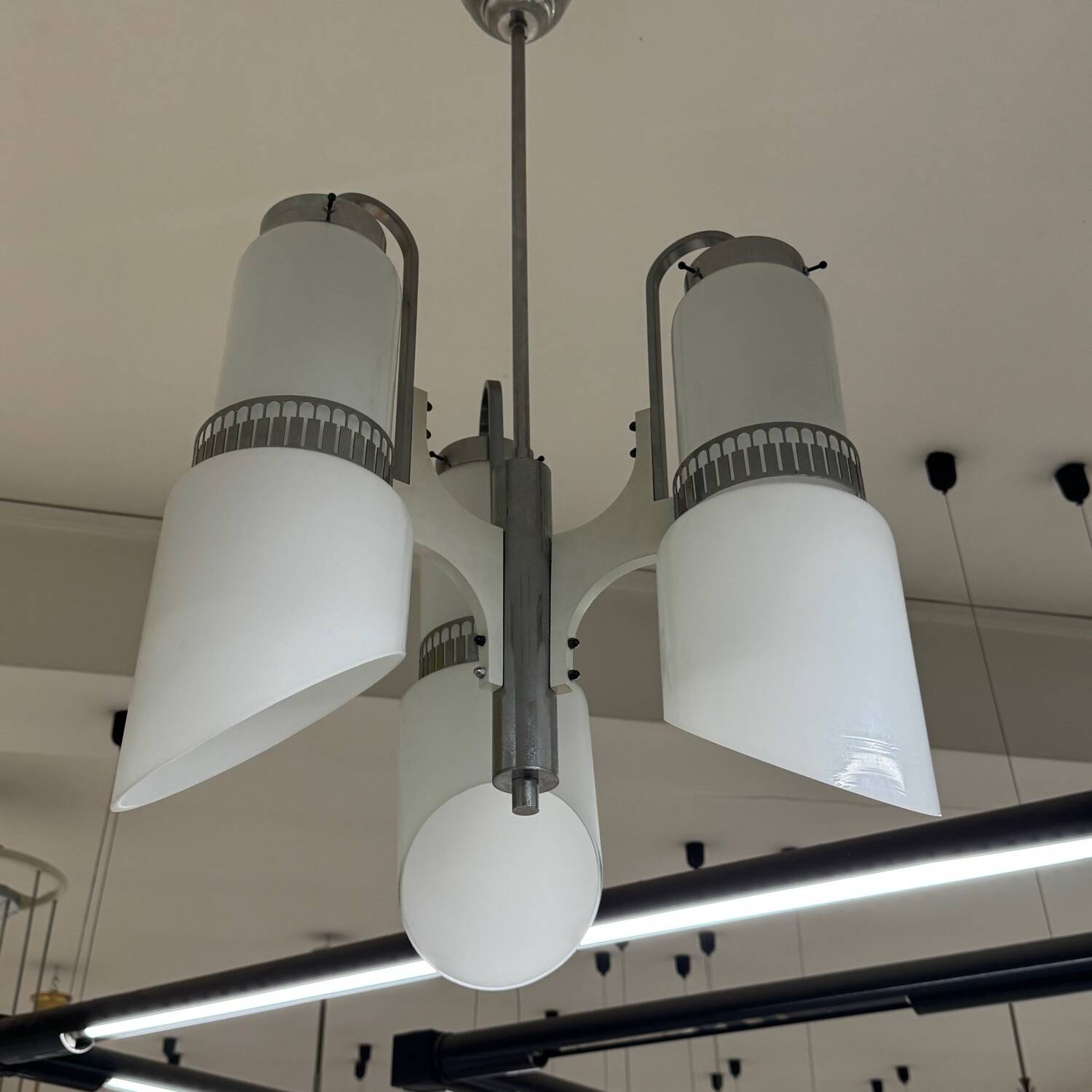 Lampadario Di Design Anni 70 3 Luci In Vetro E Acciaio Modernariato Vintage