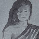 Signed watercolor painting on Denim paper portrait of a woman “waiting for the bath”