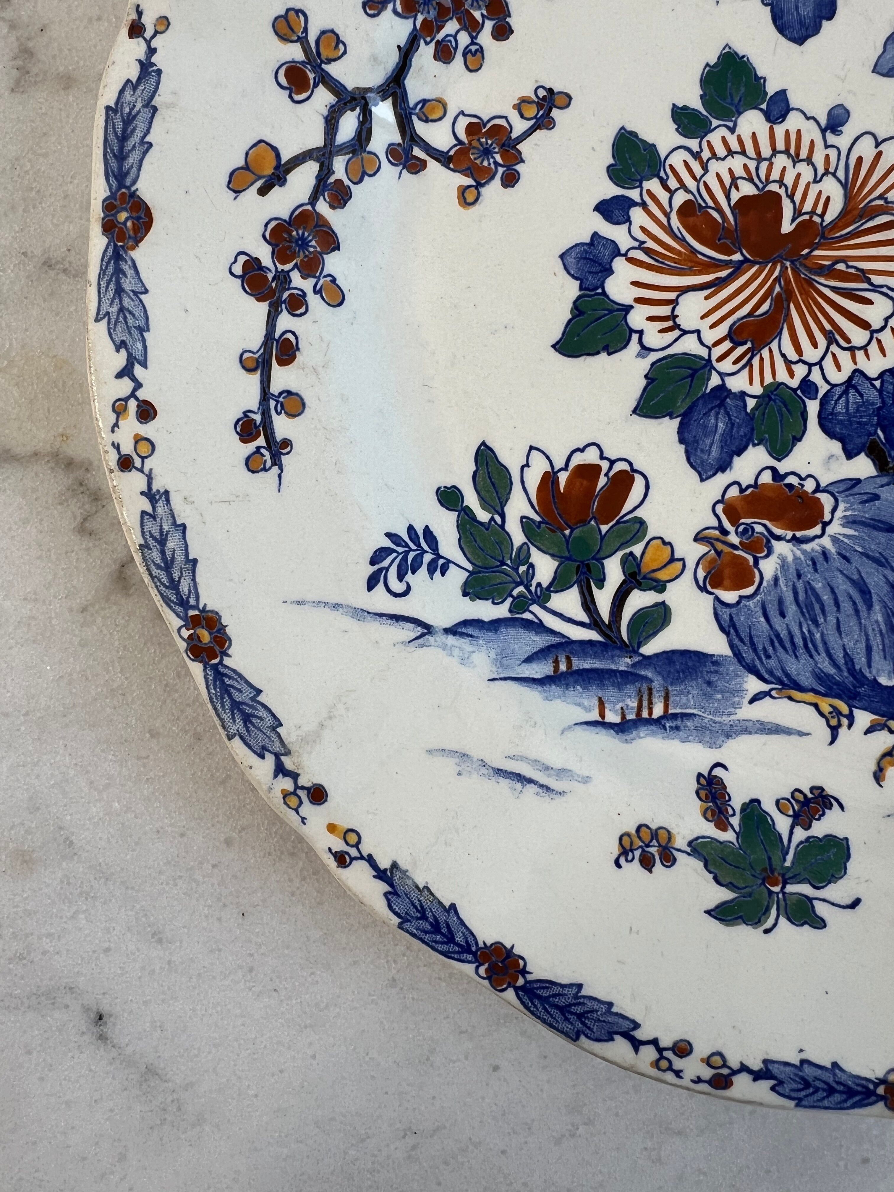 Antique plate in Gien earthenware — model “Rooster with Peonies”