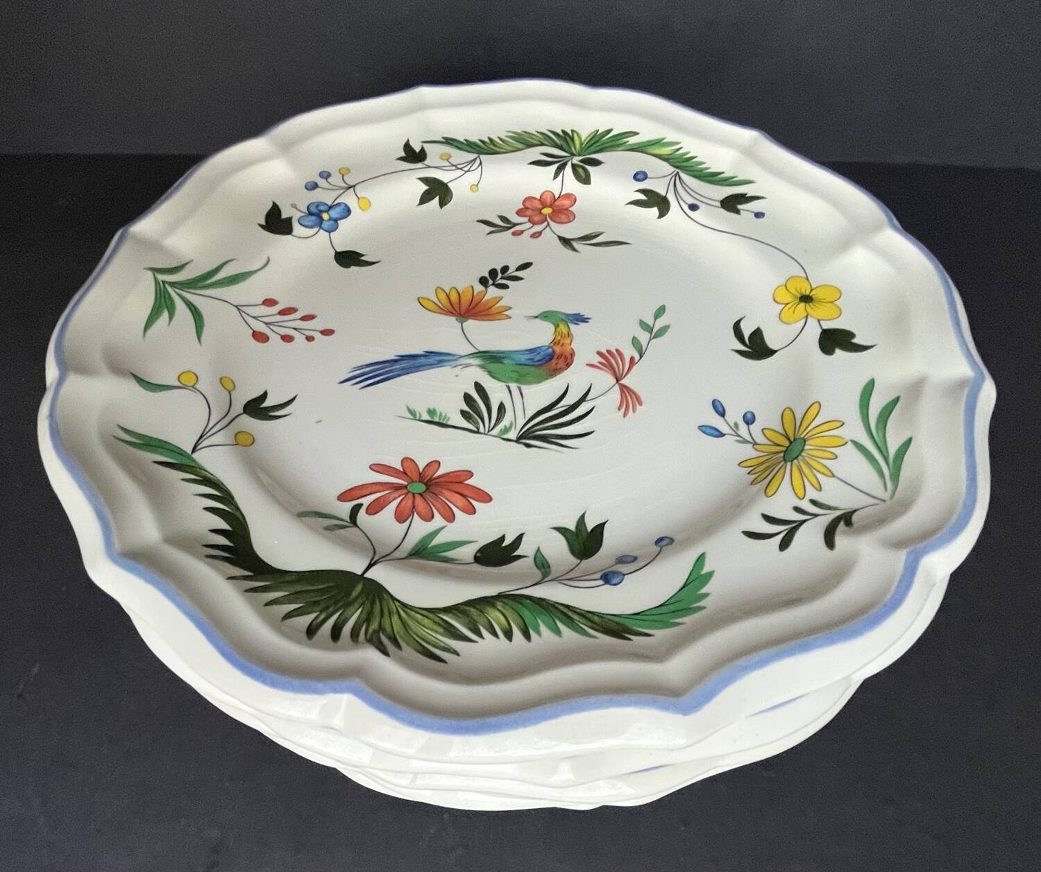 Suite de 6 assiettes plates GIEN oiseaux de paradis