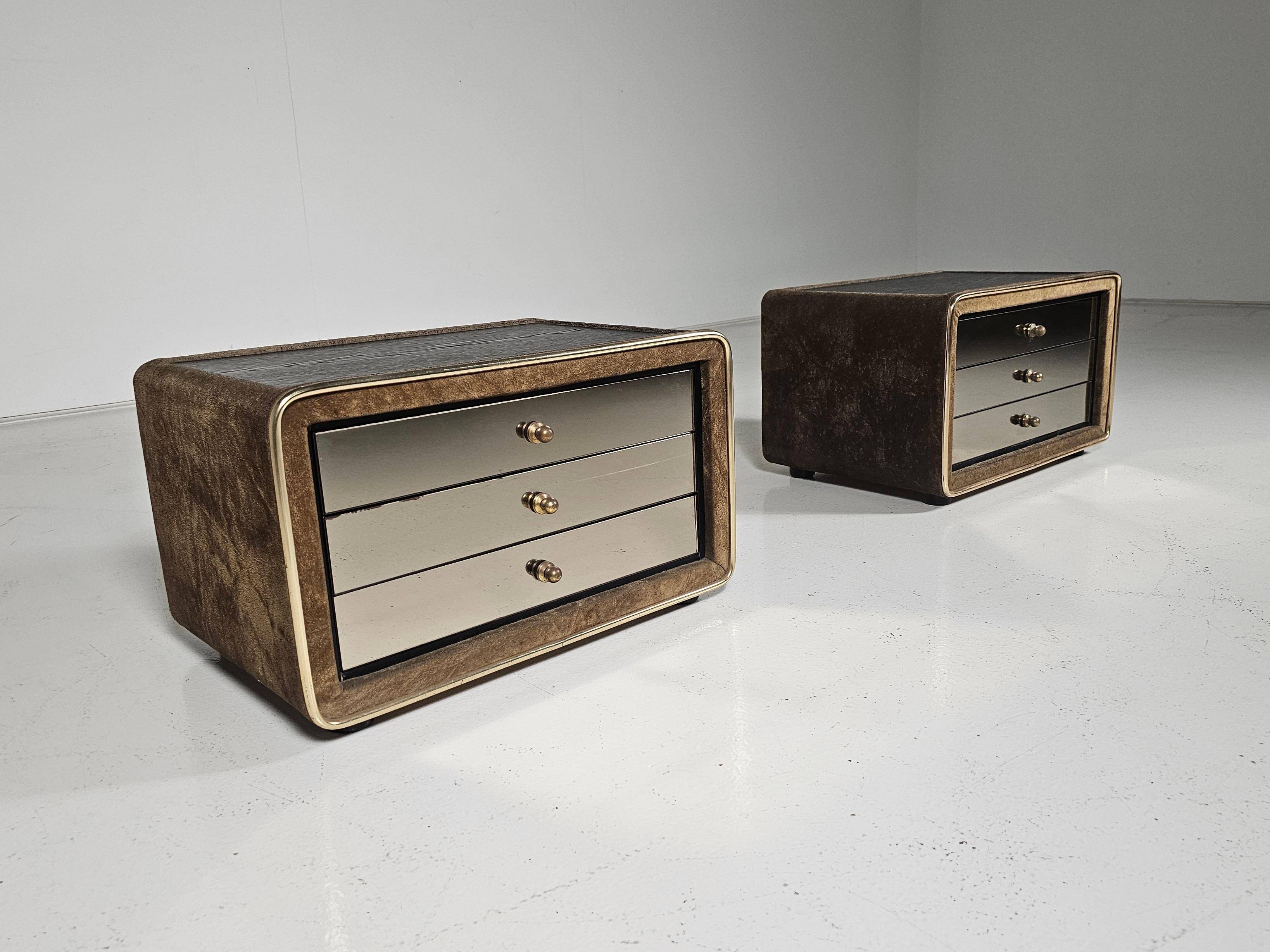 Pair of brass and suede bedside tables by RUF International, 1970.